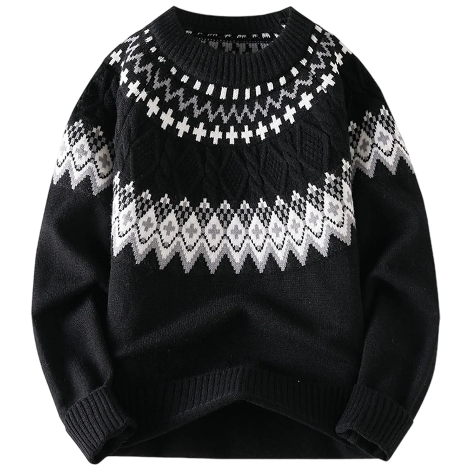 Mymyguoe - Maglione norvegese da uomo, in lana a righe, in pura merino, in jacquard, con motivo a cavalli, slim fit, invernale, caldo, maglione natalizio, sweatshirt, Nero , M - immagine 2