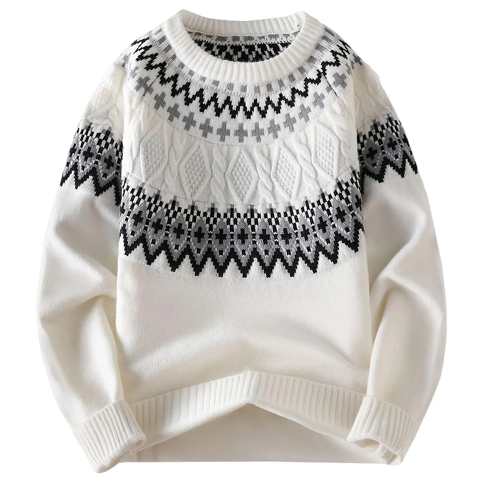 Mymyguoe Maglione norvegese da uomo in lana a righe fine merino, lavorato a maglia jacquard, motivo cavallo, slim fit, invernale, caldo maglione natalizio, bianco, XXL - immagine 1