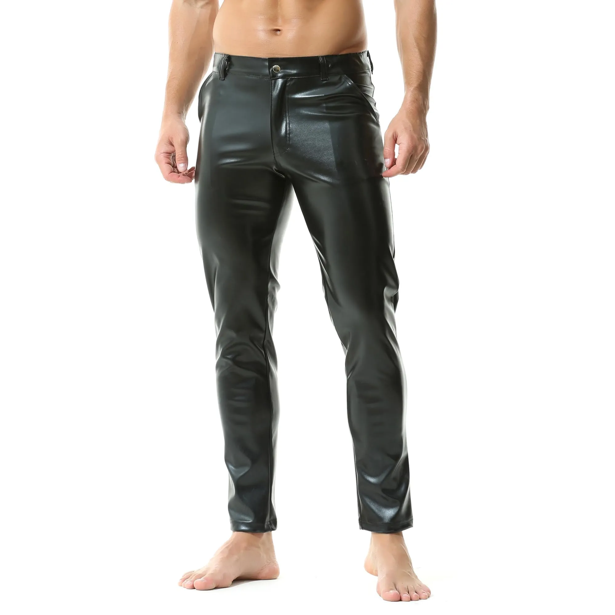 YUFEIDA Leggings da uomo classici look bagnato PU ecopelle pantaloni lunghi con chiusura lampo tasche casual moto cosplay danza palcoscenico party club leggings pantaloni da uomo, A1-nero., XL - immagine 3
