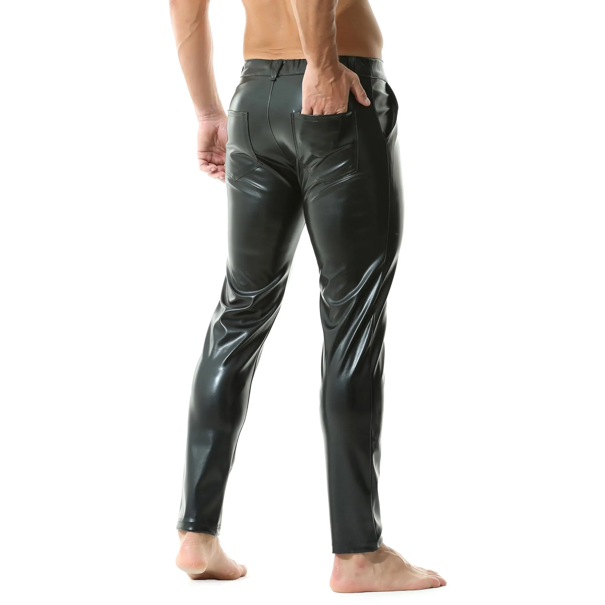 YUFEIDA Leggings da uomo classici look bagnato PU ecopelle pantaloni lunghi con chiusura lampo tasche casual moto cosplay danza palcoscenico party club leggings pantaloni da uomo, A1-nero., XL - immagine 4