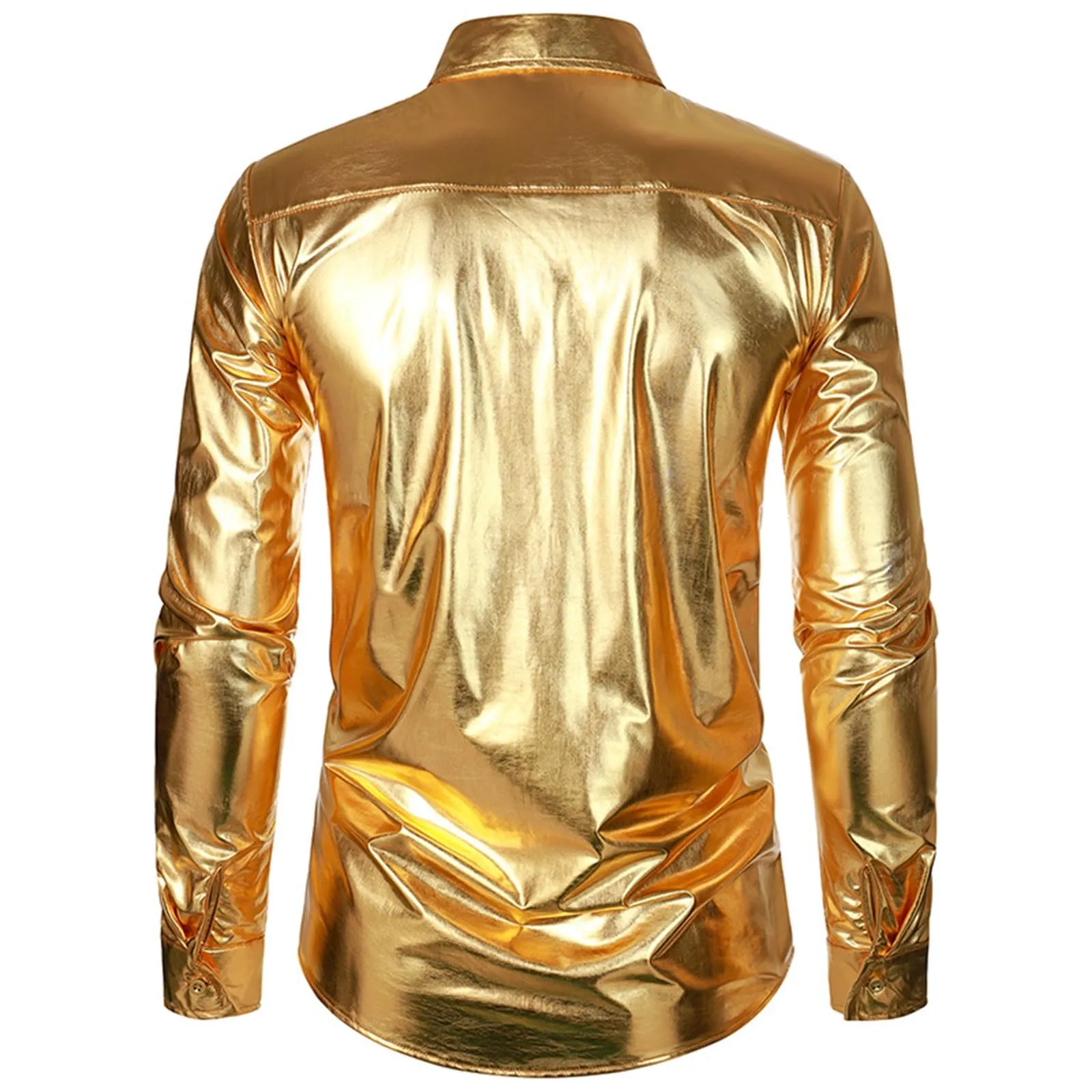 VEMOW Camicia Elegante Uomo in Seta Simile a Raso Lucida - A Bottoni a Maniche Lunghe Slim Fit, Top per Nightclub, Feste, Disco e Prom(1B-Gold, XL) - immagine 4