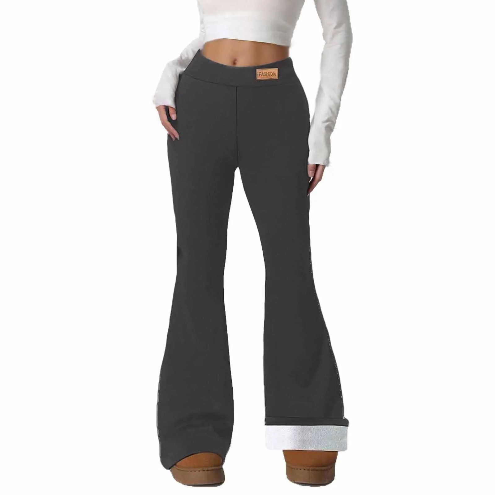 Gefomuofe Pantaloni a zampa da donna, in pile 70, termici, da yoga, caldi, elastici, per il tempo libero, spessi, in tinta unita, pantaloni da jogging comodi, grigio., XXL - immagine 1
