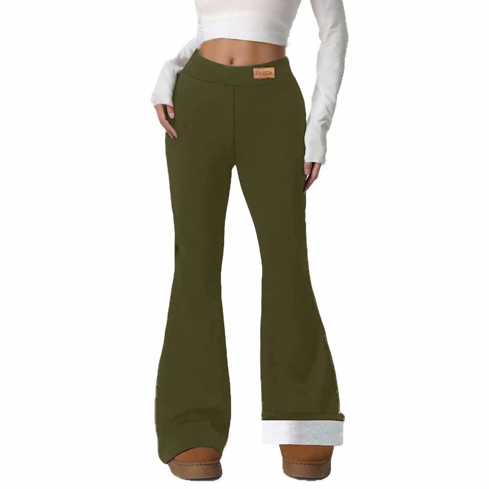 Gefomuofe Pantaloni a zampa da donna, in pile 70, termici, da yoga, caldi, elastici, per il tempo libero, spessi, in tinta unita, pantaloni da jogging comodi, verde militare, XL - immagine 1