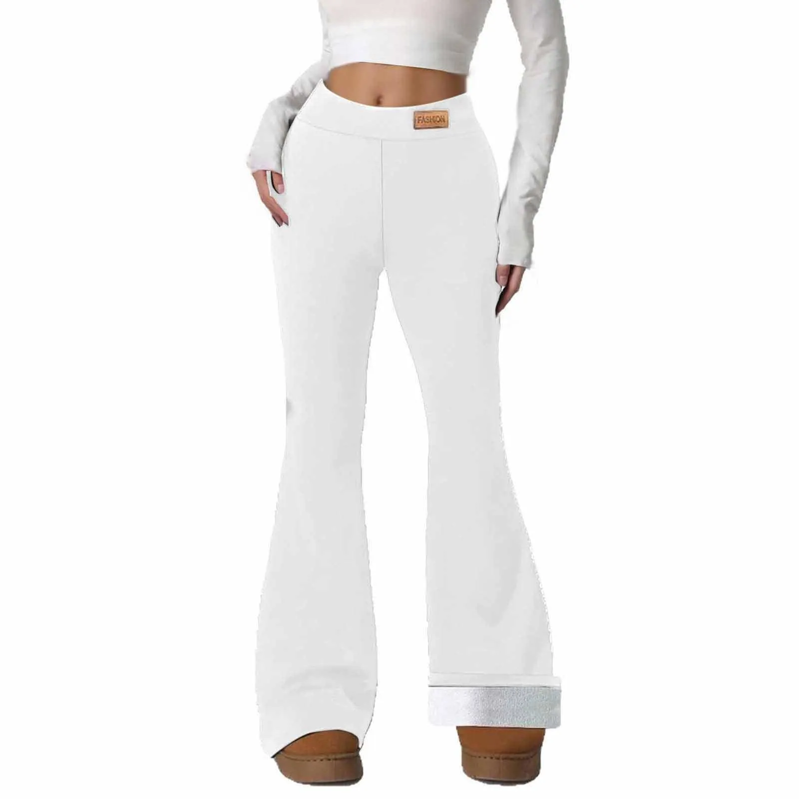 Gefomuofe Pantaloni a zampa da donna, in pile 70, termici, da yoga, caldi, elastici, per il tempo libero, spessi, in tinta unita, pantaloni da jogging comodi, bianco, M - immagine 1