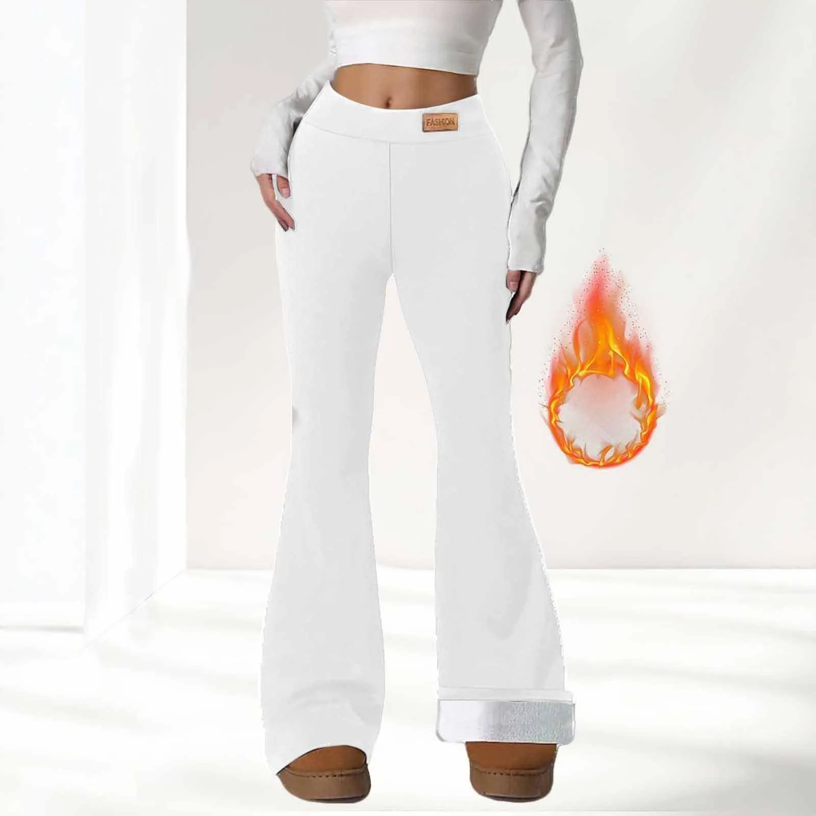 Gefomuofe Pantaloni a zampa da donna, in pile 70, termici, da yoga, caldi, elastici, per il tempo libero, spessi, in tinta unita, pantaloni da jogging comodi, bianco, M - immagine 2