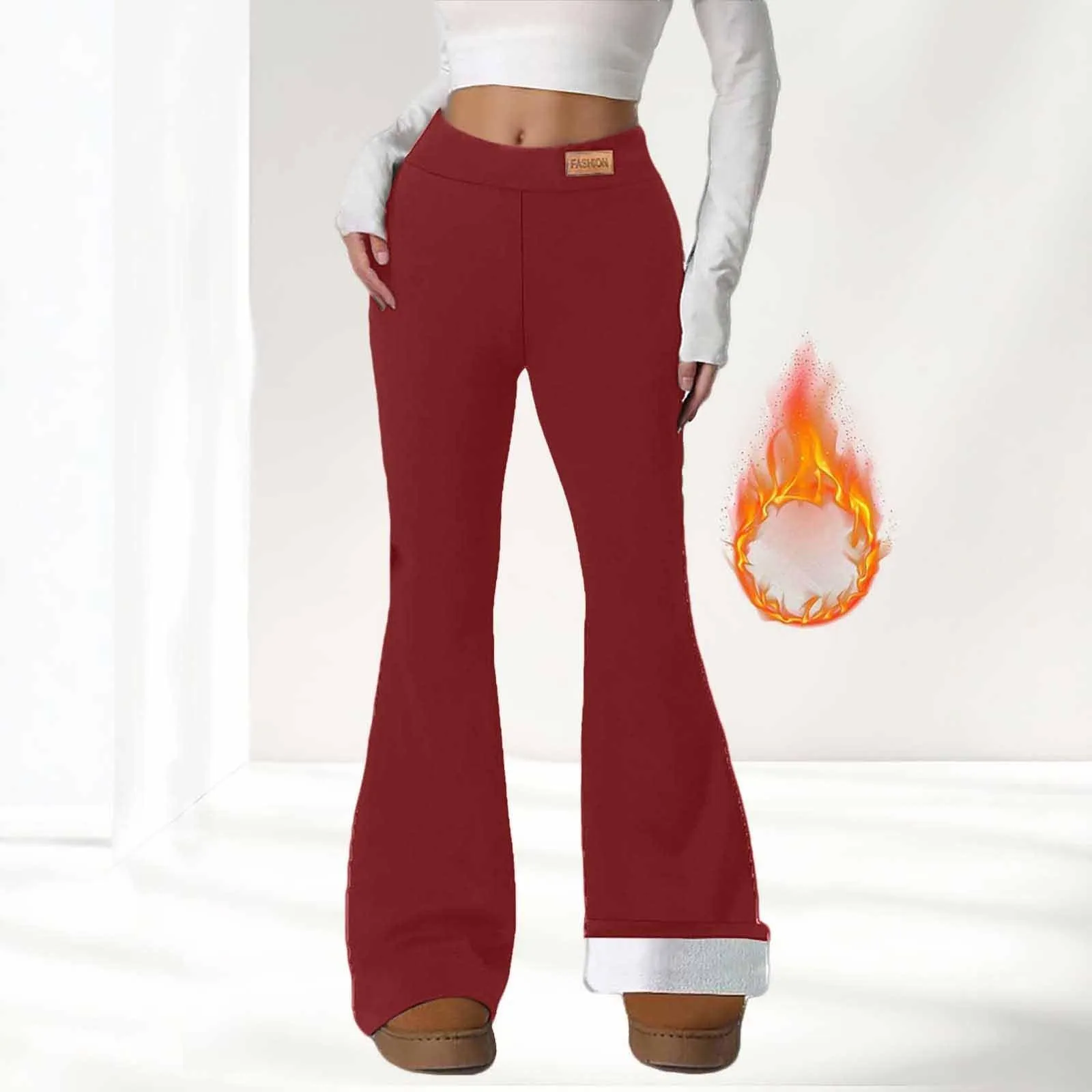 Gefomuofe Pantaloni a zampa da donna, in pile 70, termici, da yoga, caldi, elastici, per il tempo libero, spessi, in tinta unita, pantaloni da jogging comodi, Colore: rosso, L - immagine 2