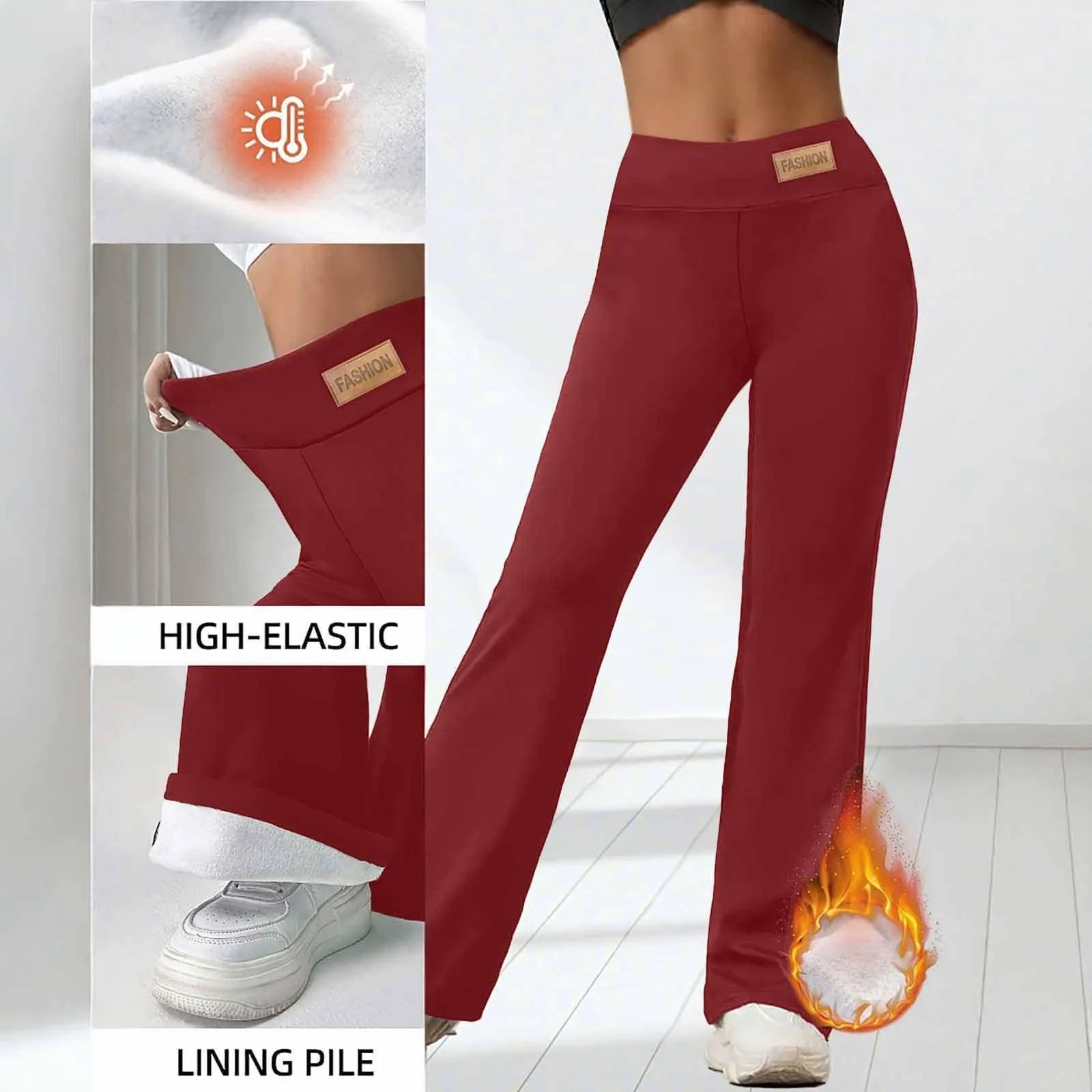 Gefomuofe Pantaloni a zampa da donna, in pile 70, termici, da yoga, caldi, elastici, per il tempo libero, spessi, in tinta unita, pantaloni da jogging comodi, Colore: rosso, L - immagine 6