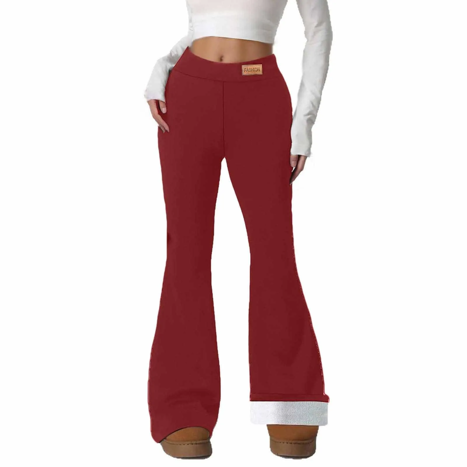 Gefomuofe Pantaloni a zampa da donna, in pile 70, termici, da yoga, caldi, elastici, per il tempo libero, spessi, in tinta unita, pantaloni da jogging comodi, Colore: rosso, XXL - immagine 1