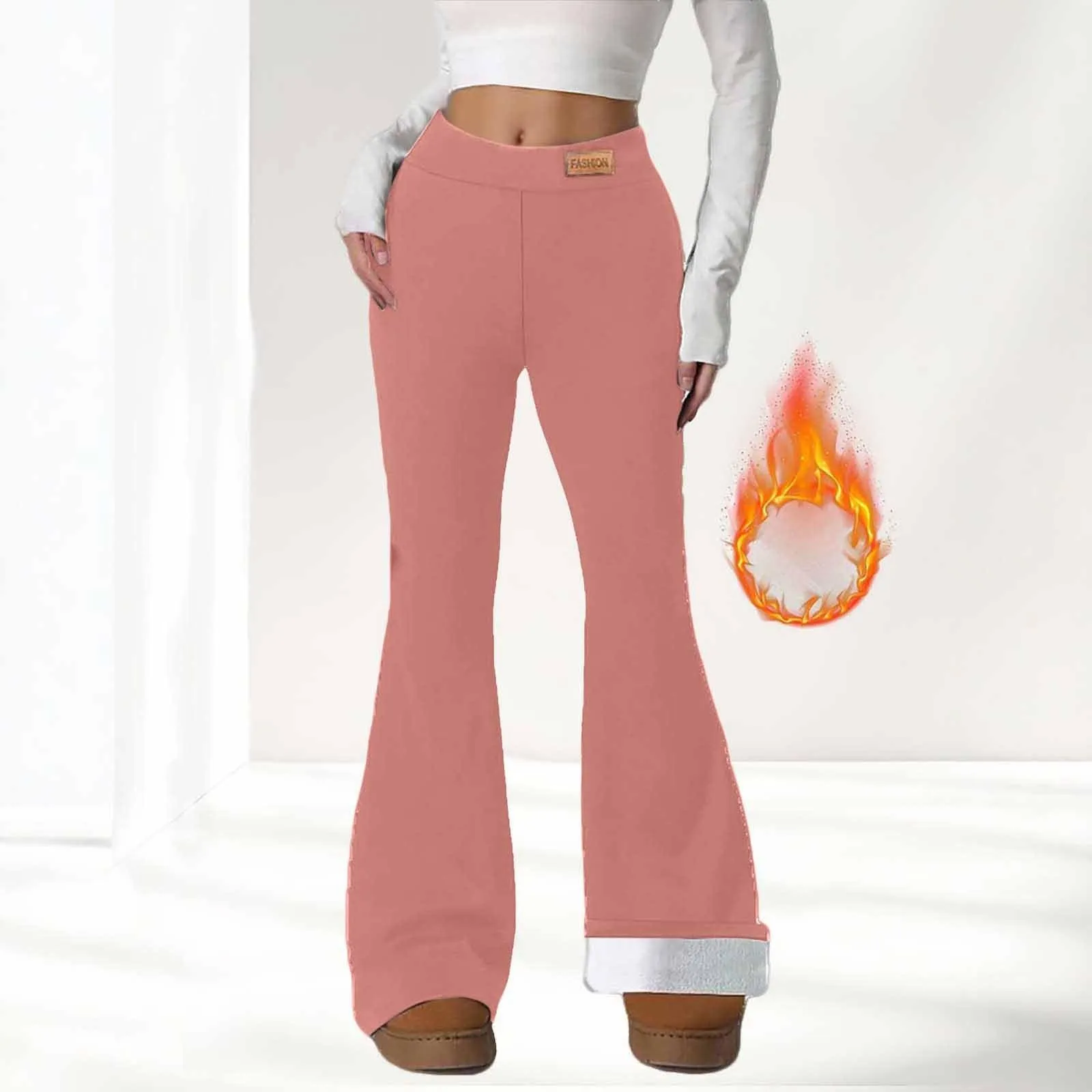 Gefomuofe Pantaloni a zampa da donna, in pile 70, termici, da yoga, caldi, elastici, per il tempo libero, spessi, in tinta unita, pantaloni da jogging comodi, Colore: rosa., S - immagine 2