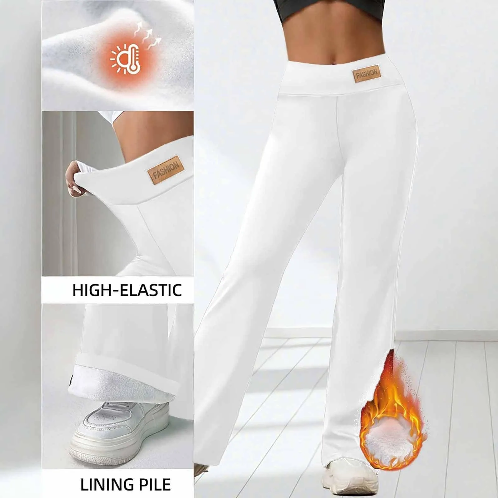 Gefomuofe Pantaloni a zampa da donna, in pile 70, termici, da yoga, caldi, elastici, per il tempo libero, spessi, in tinta unita, pantaloni da jogging comodi, bianco, L - immagine 7