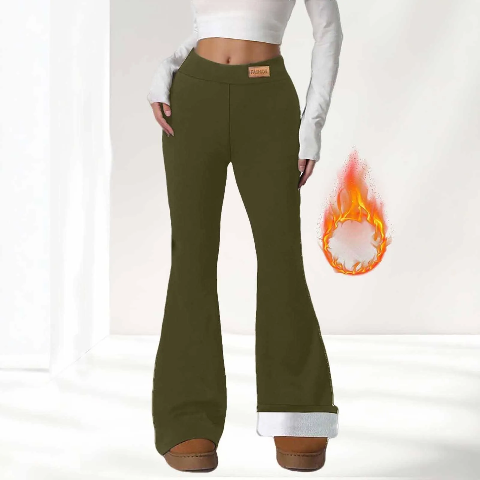 Gefomuofe Pantaloni a zampa da donna, in pile 70, termici, da yoga, caldi, elastici, per il tempo libero, spessi, in tinta unita, pantaloni da jogging comodi, verde militare, S - immagine 2