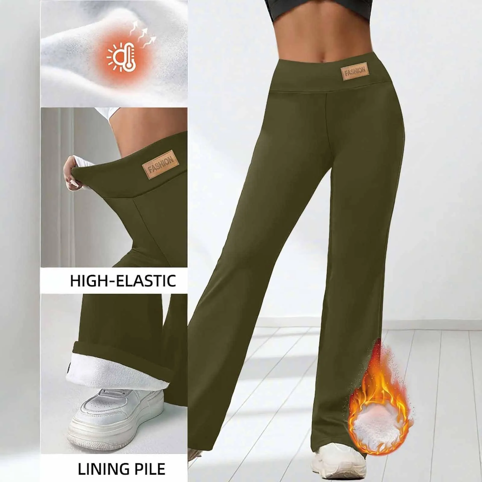 Gefomuofe Pantaloni a zampa da donna, in pile 70, termici, da yoga, caldi, elastici, per il tempo libero, spessi, in tinta unita, pantaloni da jogging comodi, verde militare, S - immagine 7