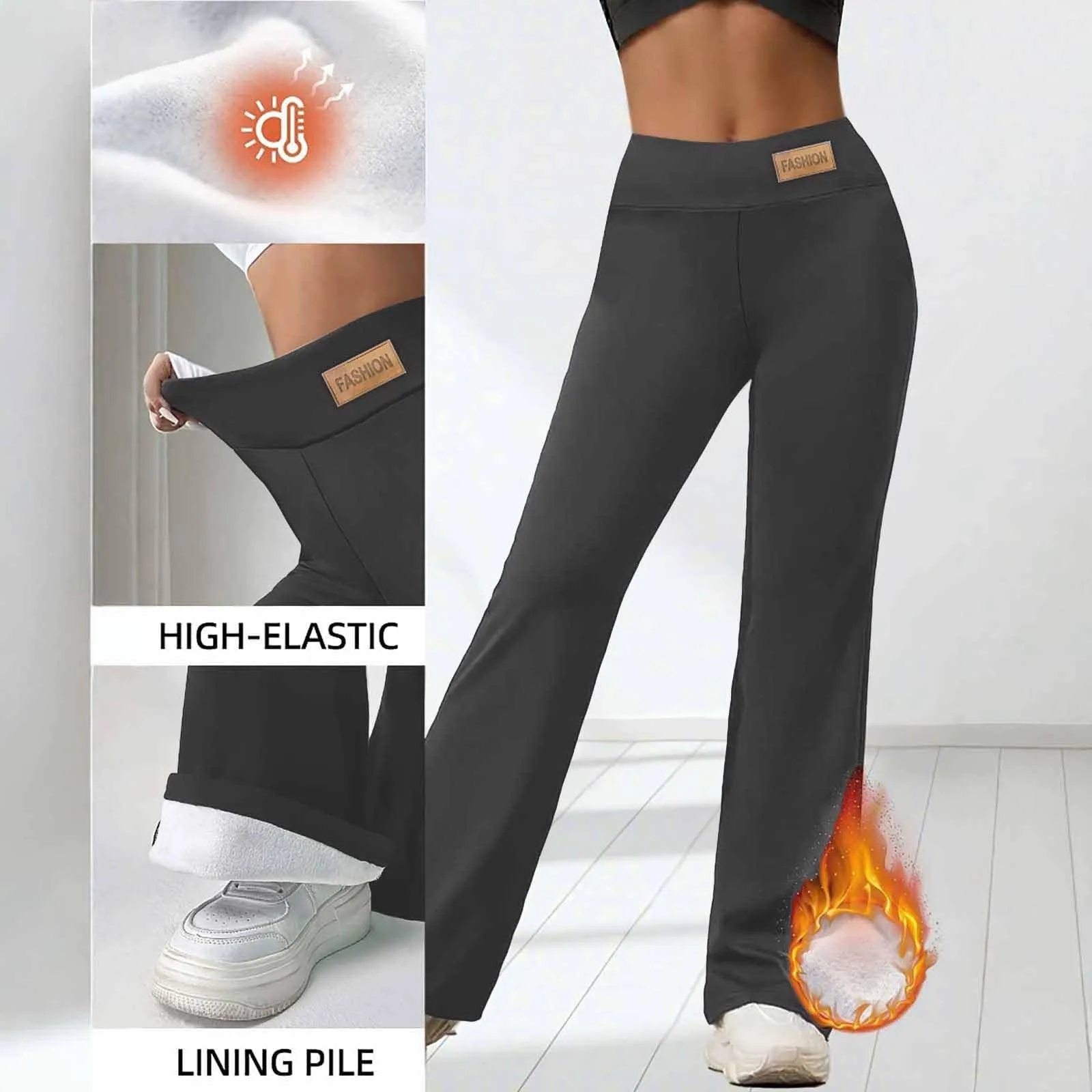 Gefomuofe Pantaloni a zampa da donna, in pile 70, termici, da yoga, caldi, elastici, per il tempo libero, spessi, in tinta unita, pantaloni da jogging comodi, grigio., M - immagine 7