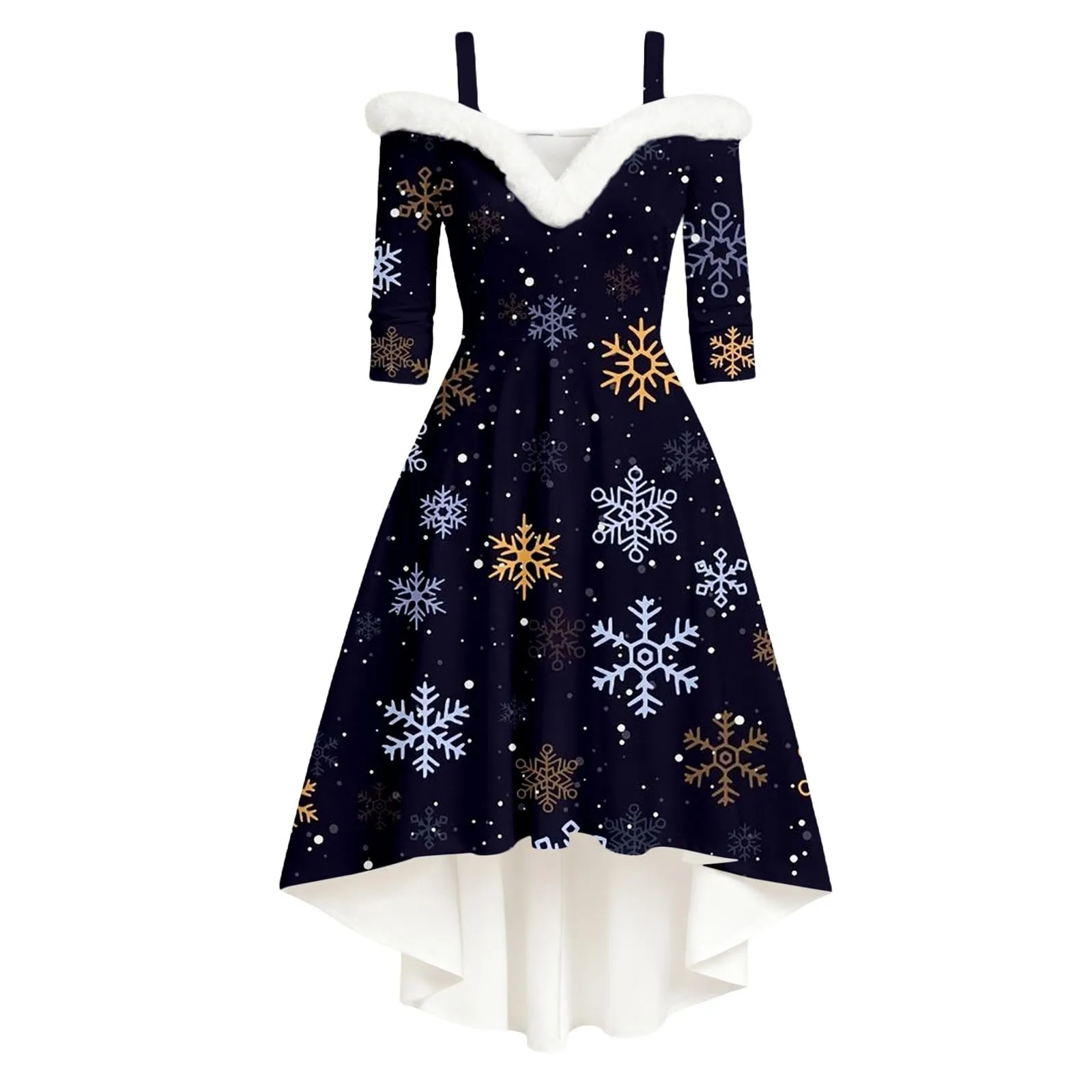 Generisch Abito natalizio da donna, elegante, a maniche lunghe, con scollo a V, in velluto, senza spalline, sexy, da festa, da ballo, da sera, Blu scuro, XL - immagine 5