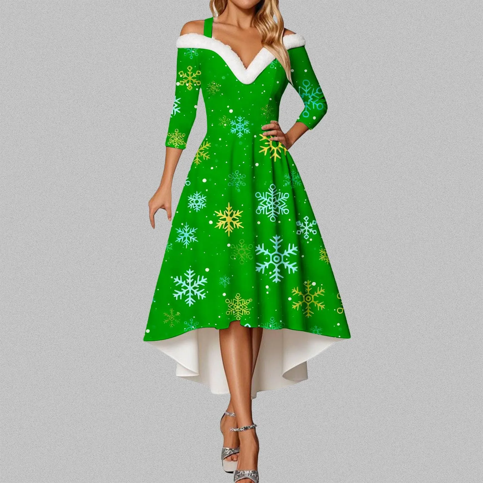 Generisch Abito natalizio da donna, elegante, a maniche lunghe, con scollo a V, in velluto, senza spalline, sexy, da festa, da ballo, da sera, verde, XXL - immagine 2