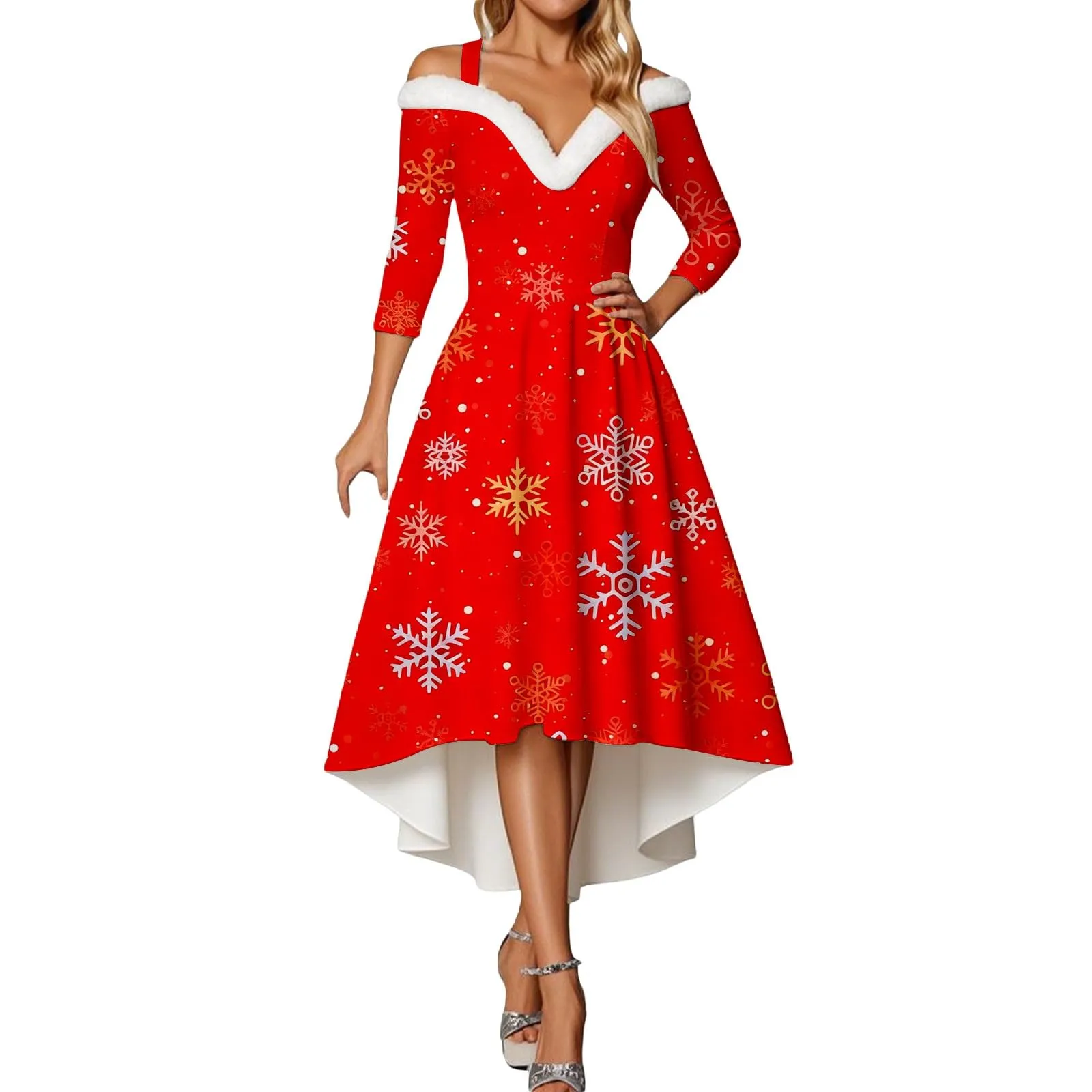 Generisch Abito natalizio da donna, elegante, a maniche lunghe, con scollo a V, in velluto, senza spalline, sexy, da festa, da ballo, da sera, Colore: rosso, L - immagine 1