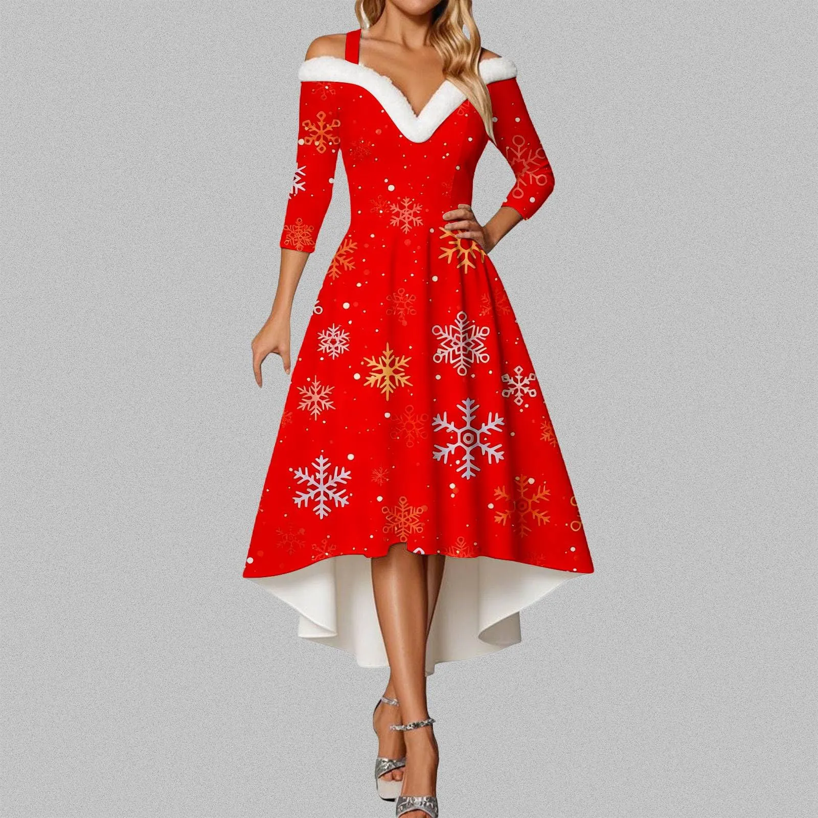 Generisch Abito natalizio da donna, elegante, a maniche lunghe, con scollo a V, in velluto, senza spalline, sexy, da festa, da ballo, da sera, Colore: rosso, M - immagine 2