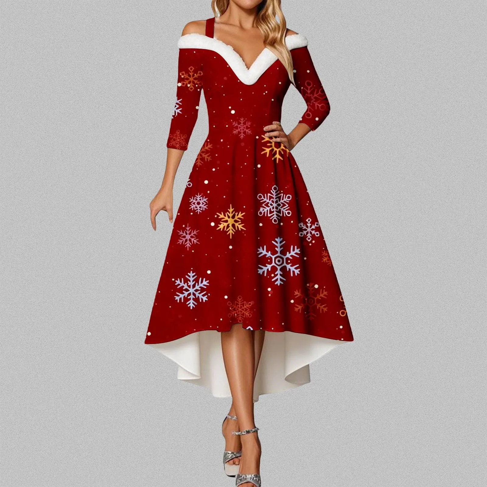 Generisch Abito natalizio da donna, elegante, a maniche lunghe, con scollo a V, in velluto, senza spalline, sexy, da festa, da ballo, da sera, vino, S - immagine 2