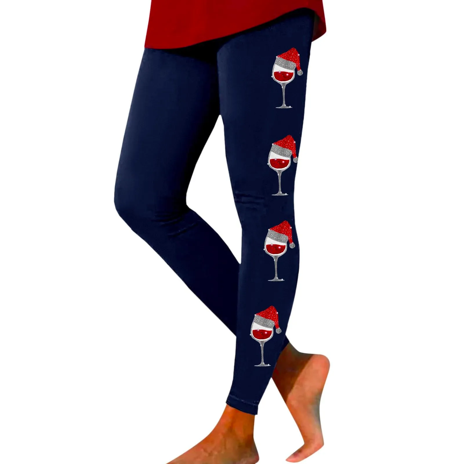 Foweknow Leggings natalizi da donna, leggings invernali, leggings elastici, per donna, con motivi natalizi, per il tempo libero, leggings lunghi rossi, collant natalizi, Blu marino, L - immagine 1