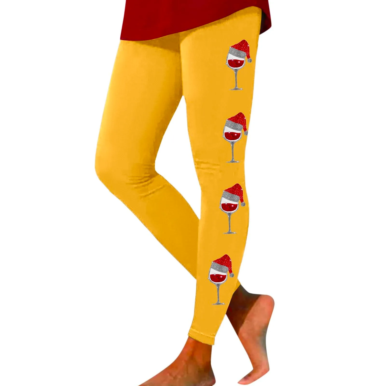 Foweknow Leggings natalizi da donna, leggings invernali, leggings elastici, per donna, con motivi natalizi, per il tempo libero, leggings lunghi rossi, collant natalizi, giallo., L - immagine 1