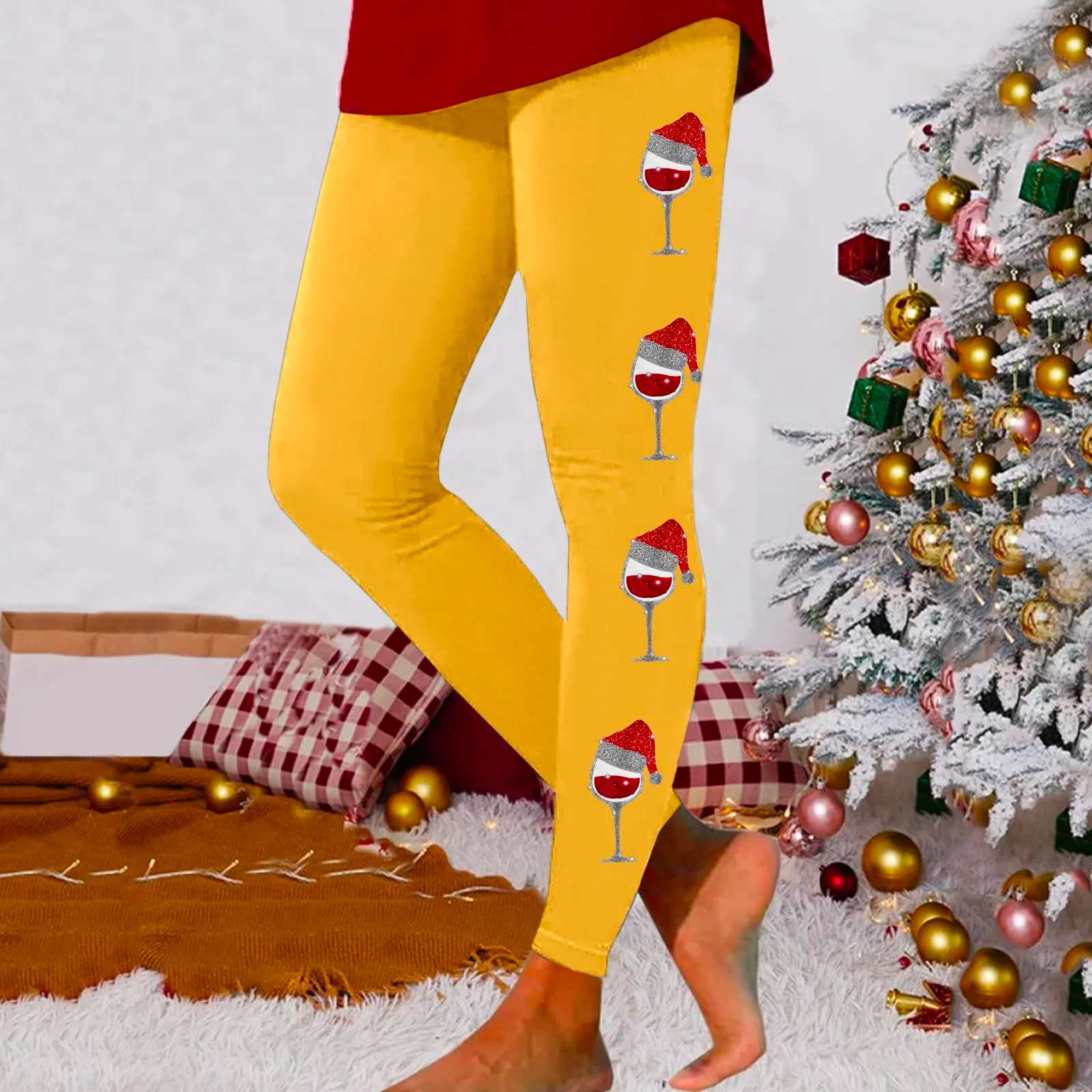 Foweknow Leggings natalizi da donna, leggings invernali, leggings elastici, per donna, con motivi natalizi, per il tempo libero, leggings lunghi rossi, collant natalizi, giallo., L - immagine 2