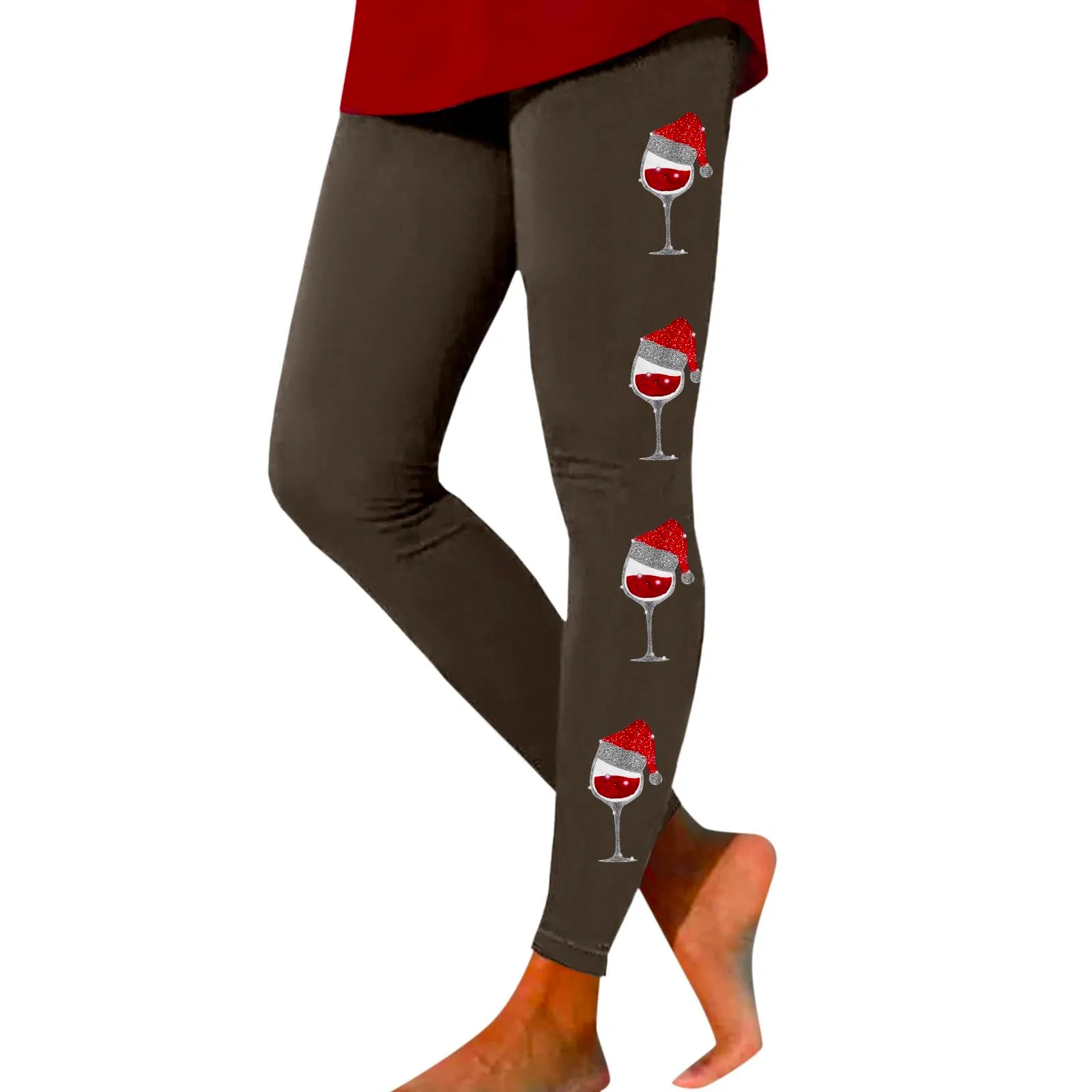 Foweknow Leggings natalizi da donna, leggings invernali, leggings elastici, per donna, con motivi natalizi, per il tempo libero, leggings lunghi rossi, collant natalizi, marrone, XXL - immagine 1