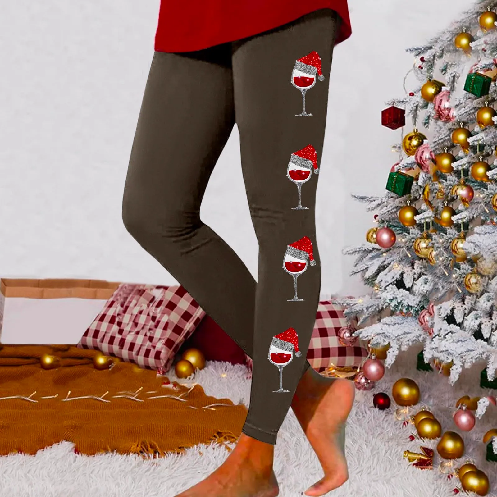 Foweknow Leggings natalizi da donna, leggings invernali, leggings elastici, per donna, con motivi natalizi, per il tempo libero, leggings lunghi rossi, collant natalizi, marrone, XL - immagine 2