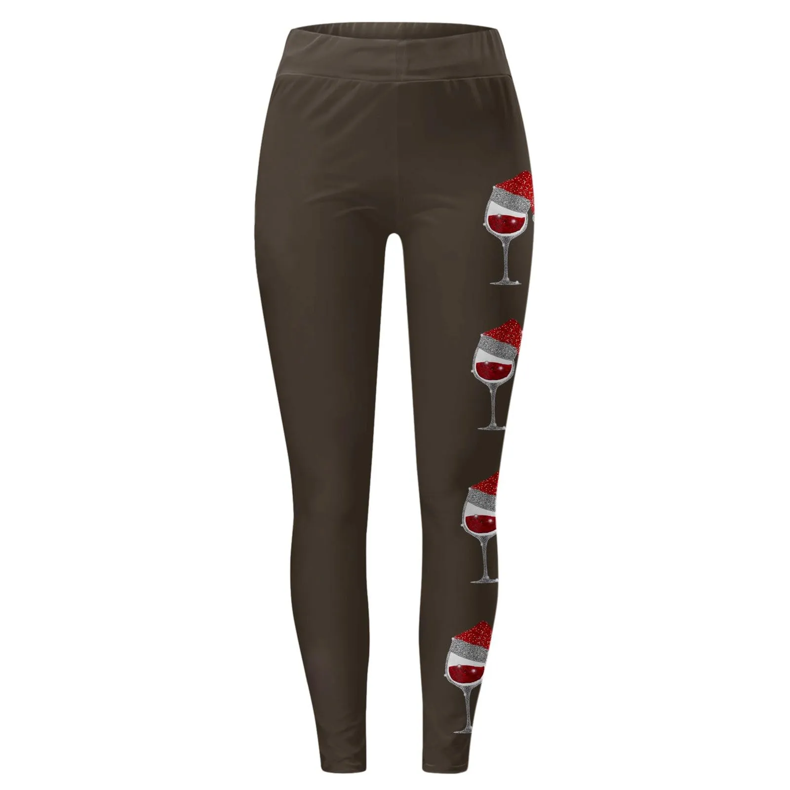 Foweknow Leggings natalizi da donna, leggings invernali, leggings elastici, per donna, con motivi natalizi, per il tempo libero, leggings lunghi rossi, collant natalizi, marrone, L - immagine 4