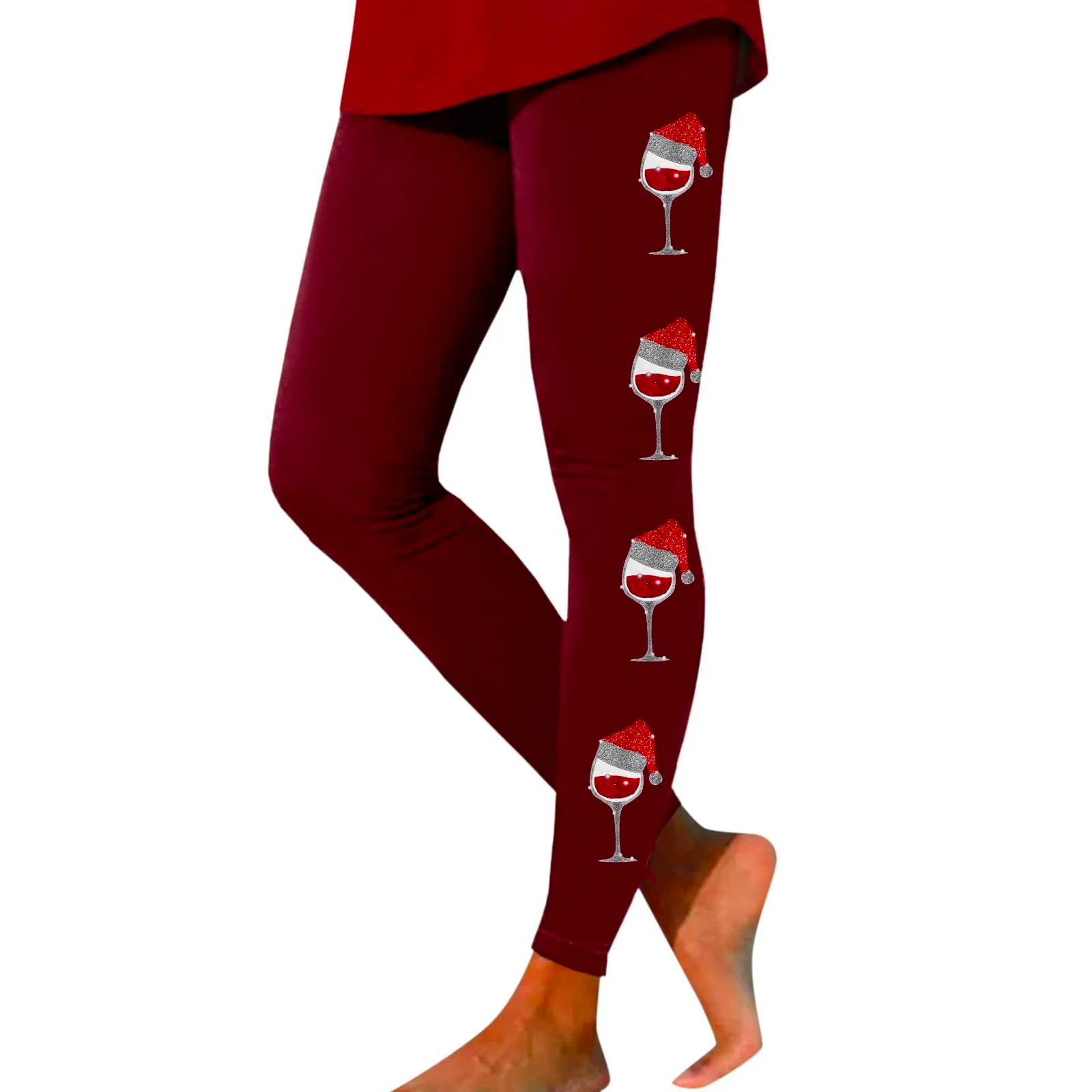 Foweknow Leggings natalizi da donna, leggings invernali, leggings elastici, per donna, con motivi natalizi, per il tempo libero, leggings lunghi rossi, collant natalizi, Vino, M - immagine 1