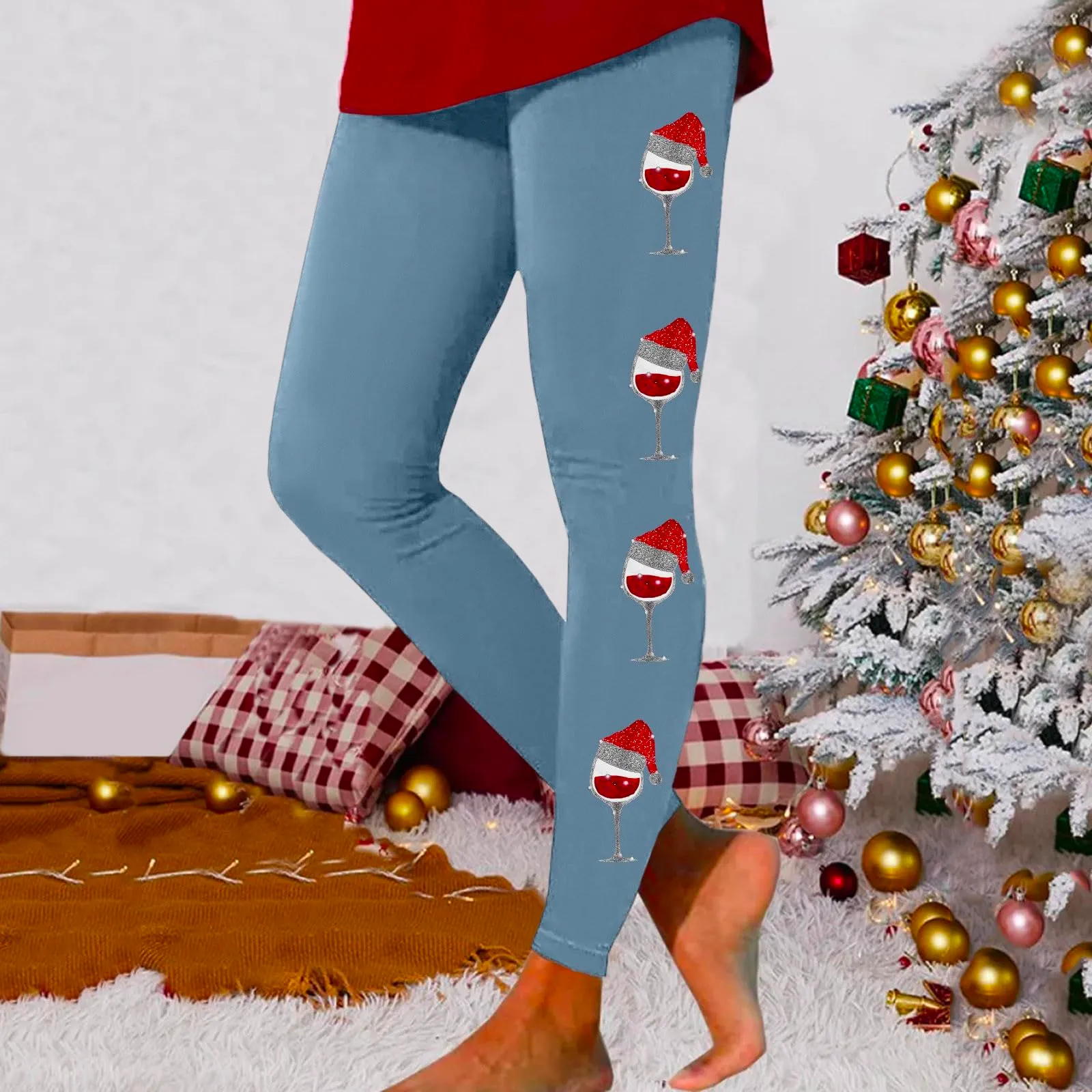 Foweknow Leggings natalizi da donna, leggings invernali, leggings elastici, per donna, con motivi natalizi, per il tempo libero, leggings lunghi rossi, collant natalizi, Blu, L - immagine 2