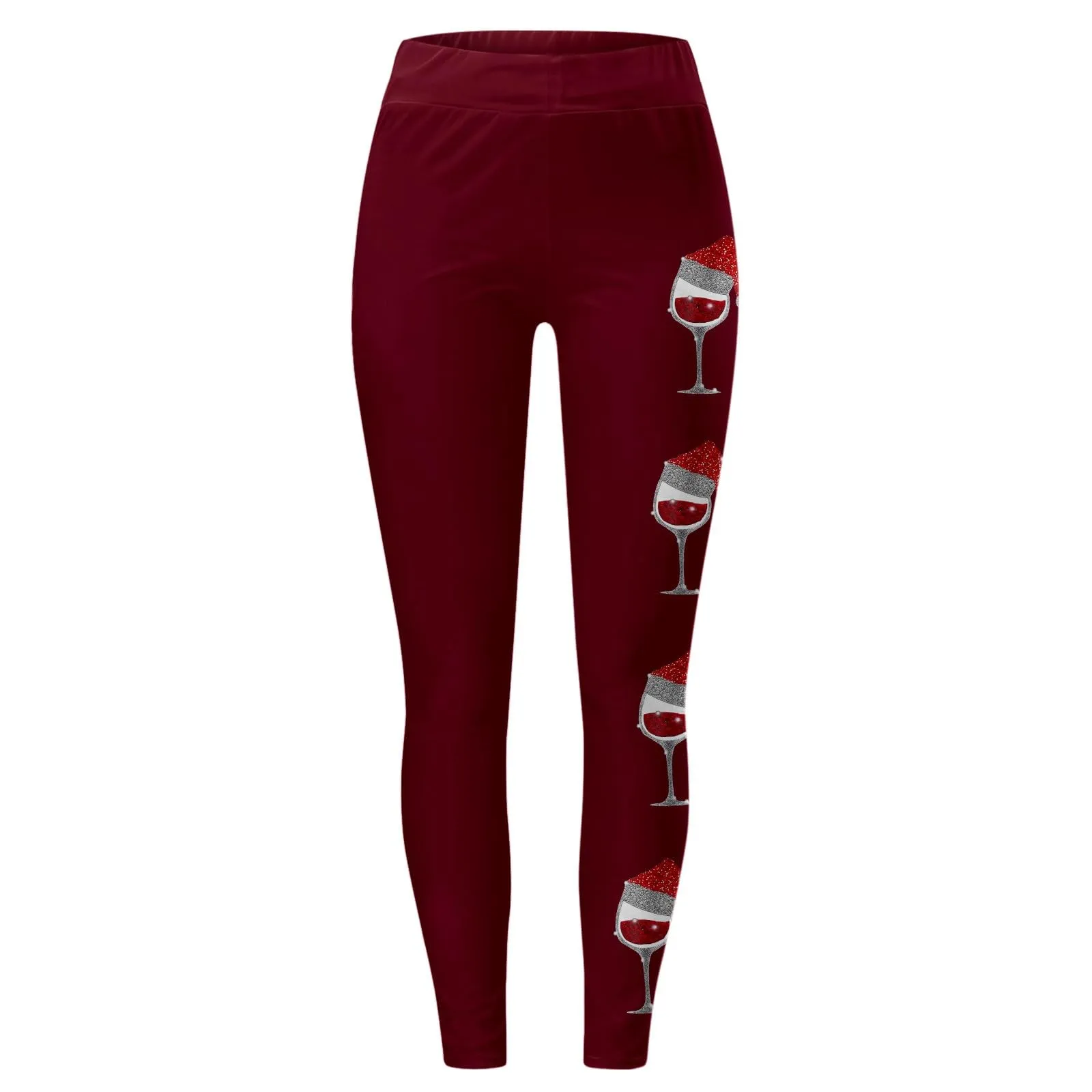 Foweknow Leggings natalizi da donna, leggings invernali, leggings elastici, per donna, con motivi natalizi, per il tempo libero, leggings lunghi rossi, collant natalizi, Vino, S - immagine 4