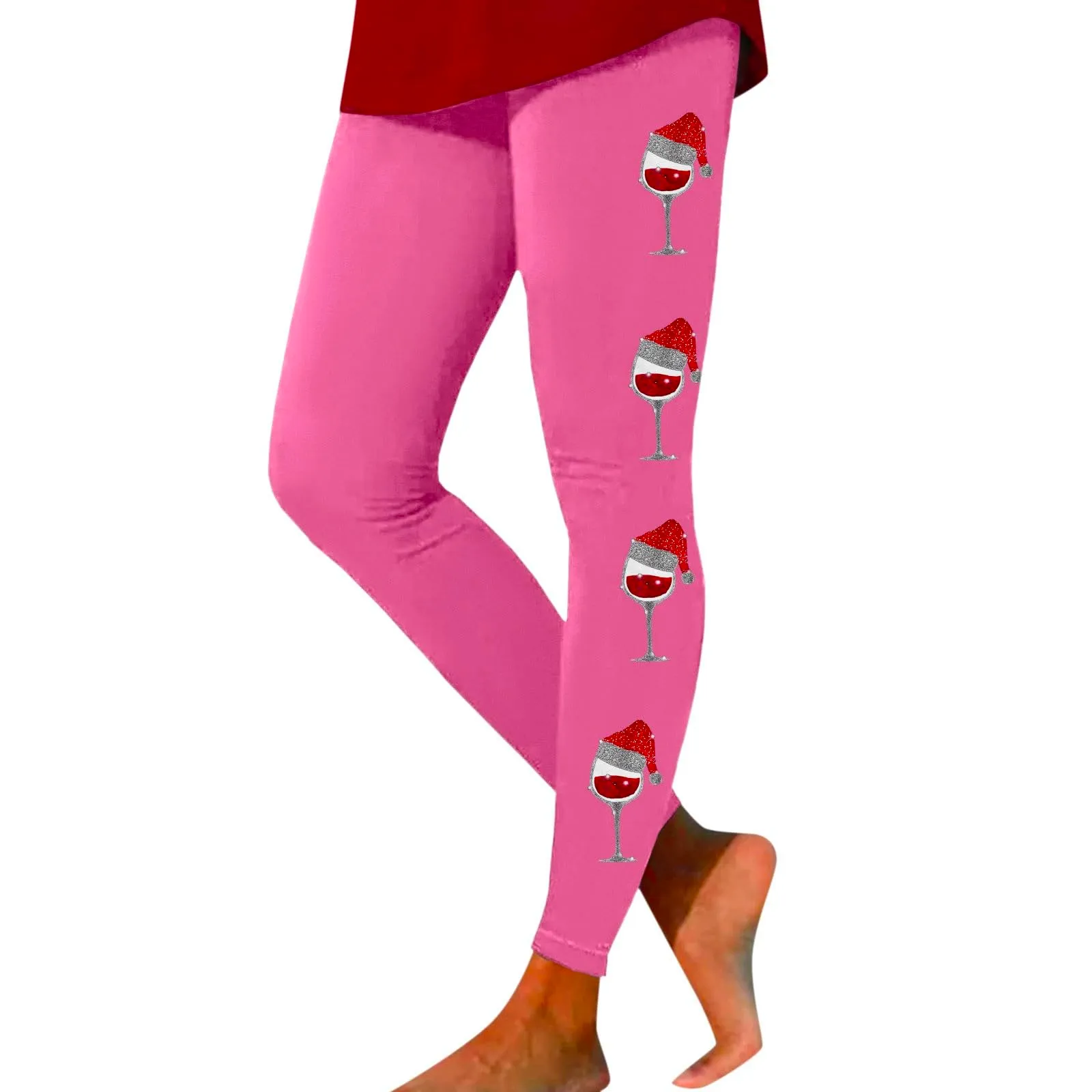 Foweknow Leggings natalizi da donna, leggings invernali, leggings elastici, per donna, con motivi natalizi, per il tempo libero, leggings lunghi rossi, collant natalizi, Colore: rosa., L - immagine 1
