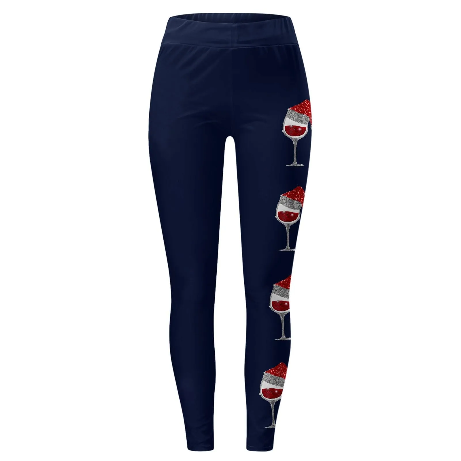Foweknow Leggings natalizi da donna, leggings invernali, leggings elastici, per donna, con motivi natalizi, per il tempo libero, leggings lunghi rossi, collant natalizi, Blu marino, S - immagine 4