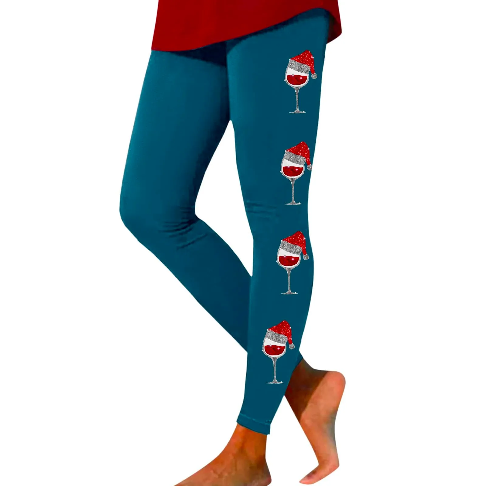 Foweknow Leggings natalizi da donna, leggings invernali, leggings elastici, per donna, con motivi natalizi, per il tempo libero, leggings lunghi rossi, collant natalizi, azzurro, XXL - immagine 1