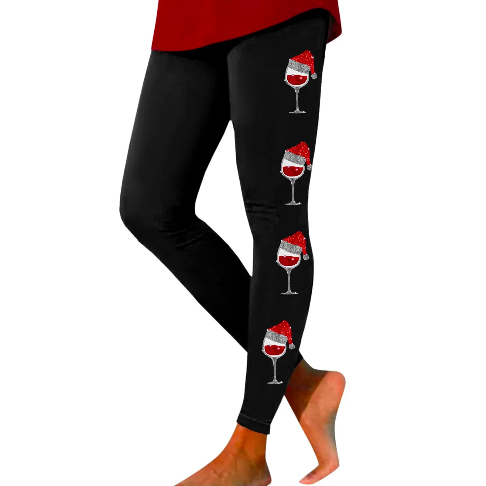 Foweknow Leggings natalizi da donna, leggings invernali, leggings elastici, per donna, con motivi natalizi, per il tempo libero, leggings lunghi rossi, collant natalizi, Nero , XL - immagine 1