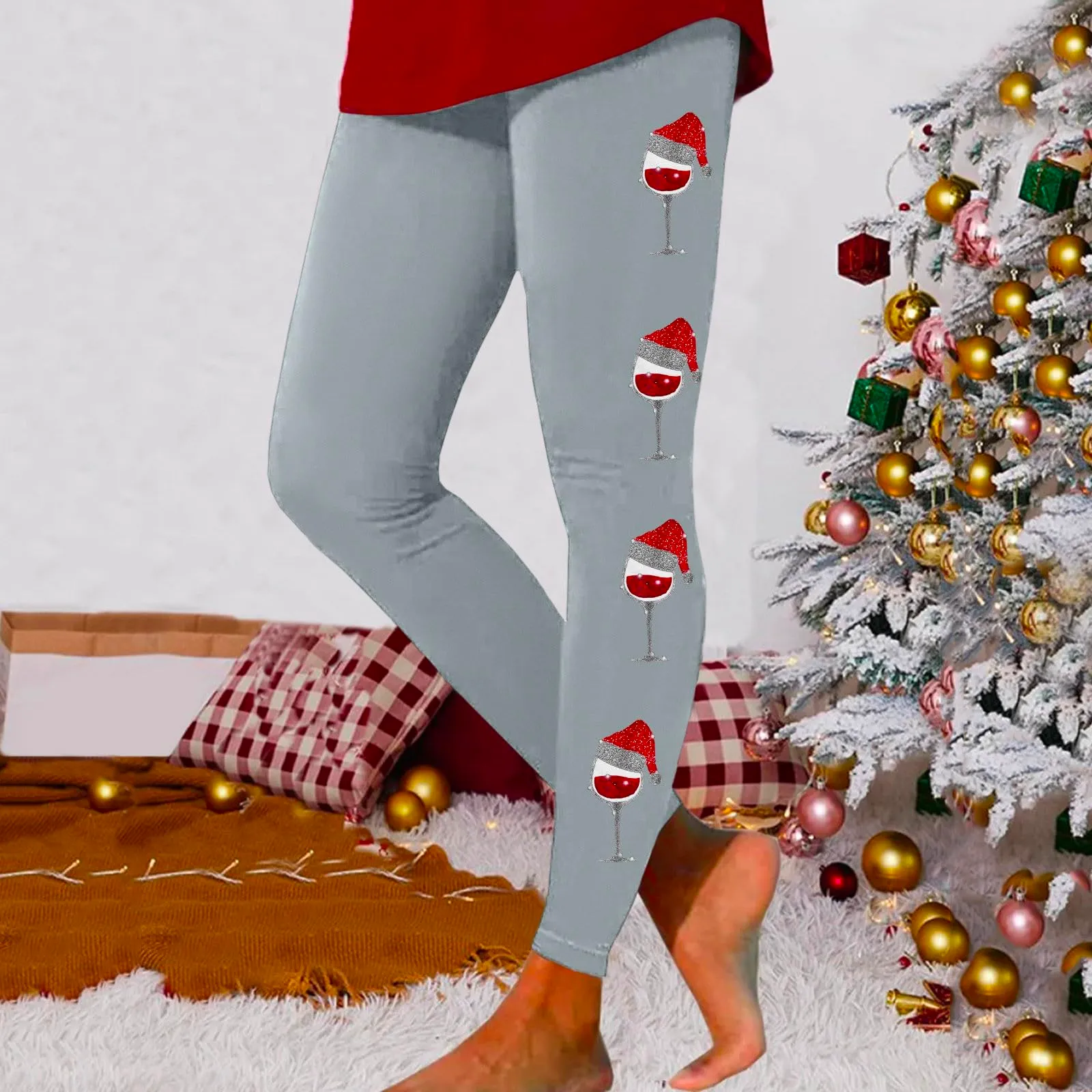 Foweknow Leggings natalizi da donna, leggings invernali, leggings elastici, per donna, con motivi natalizi, per il tempo libero, leggings lunghi rossi, collant natalizi, grigio., S - immagine 2