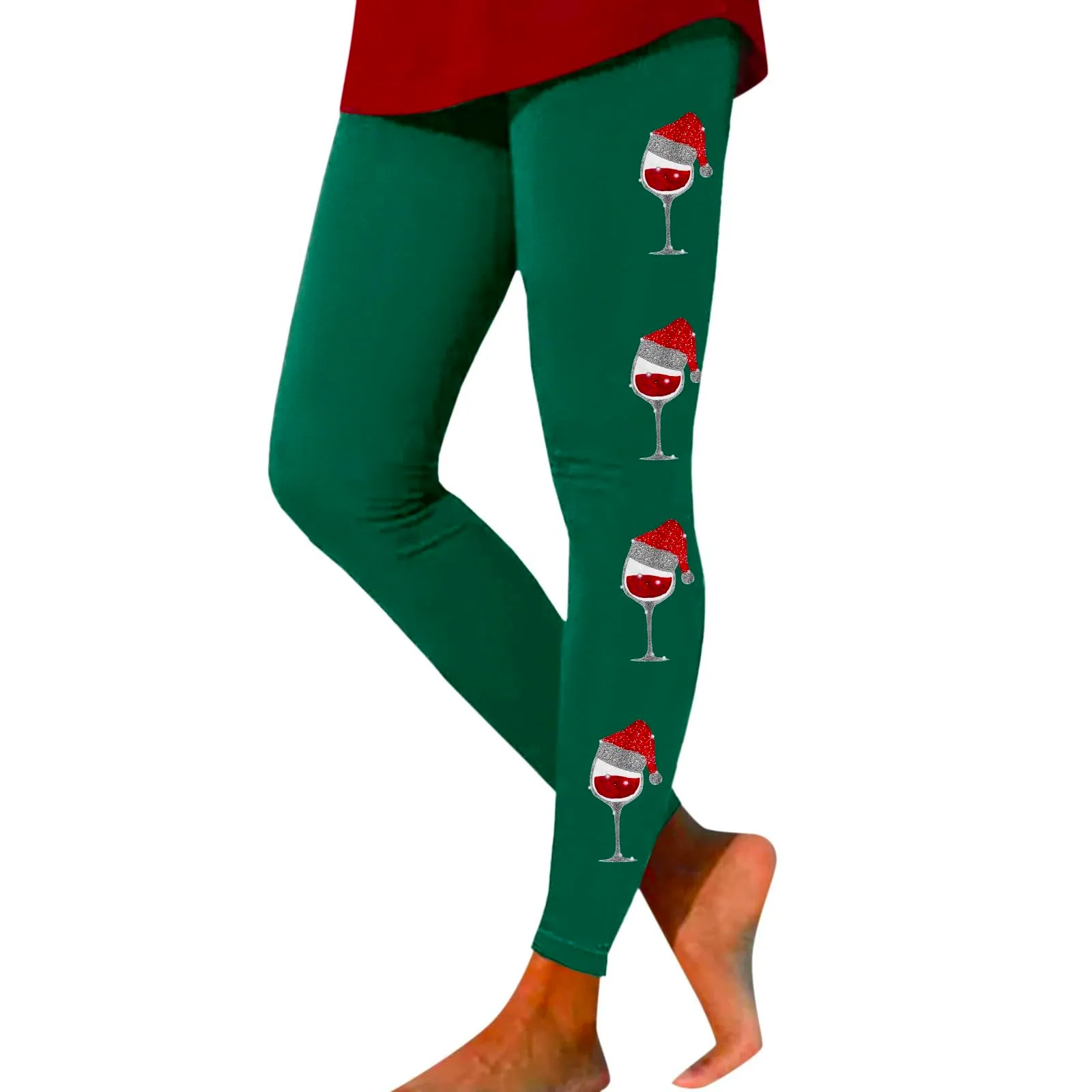 Foweknow Leggings natalizi da donna, leggings invernali, leggings elastici, per donna, con motivi natalizi, per il tempo libero, leggings lunghi rossi, collant natalizi, verde, L - immagine 1