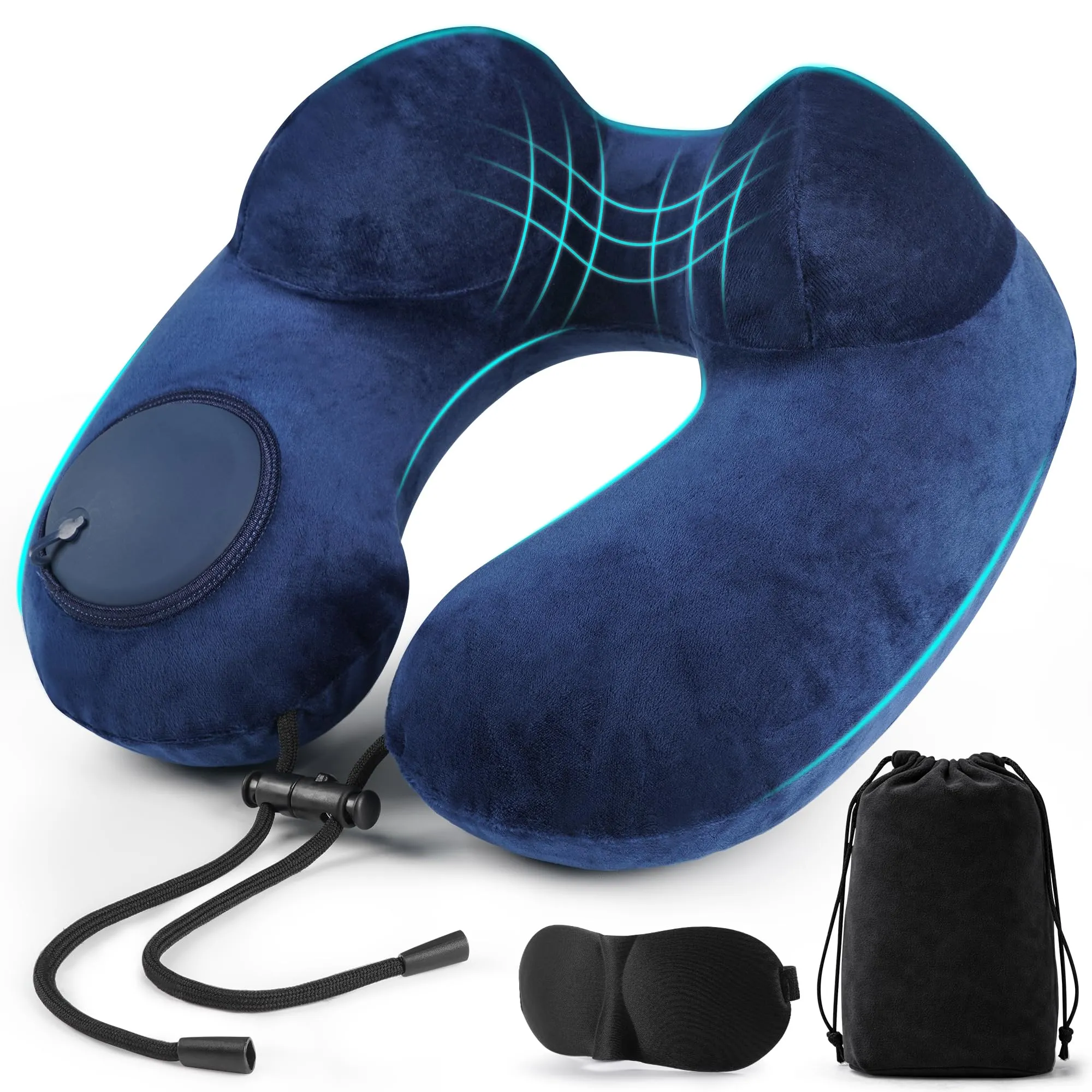 KUOGAS Cuscino da Viaggio Gonfiabile, Cuscino Aereo, Cuscino da Viaggio Regolabile e Portatile, Supporto Ergonomico Cuscino Cervicale, Viaggio Accessori utili con Maschera - immagine 1