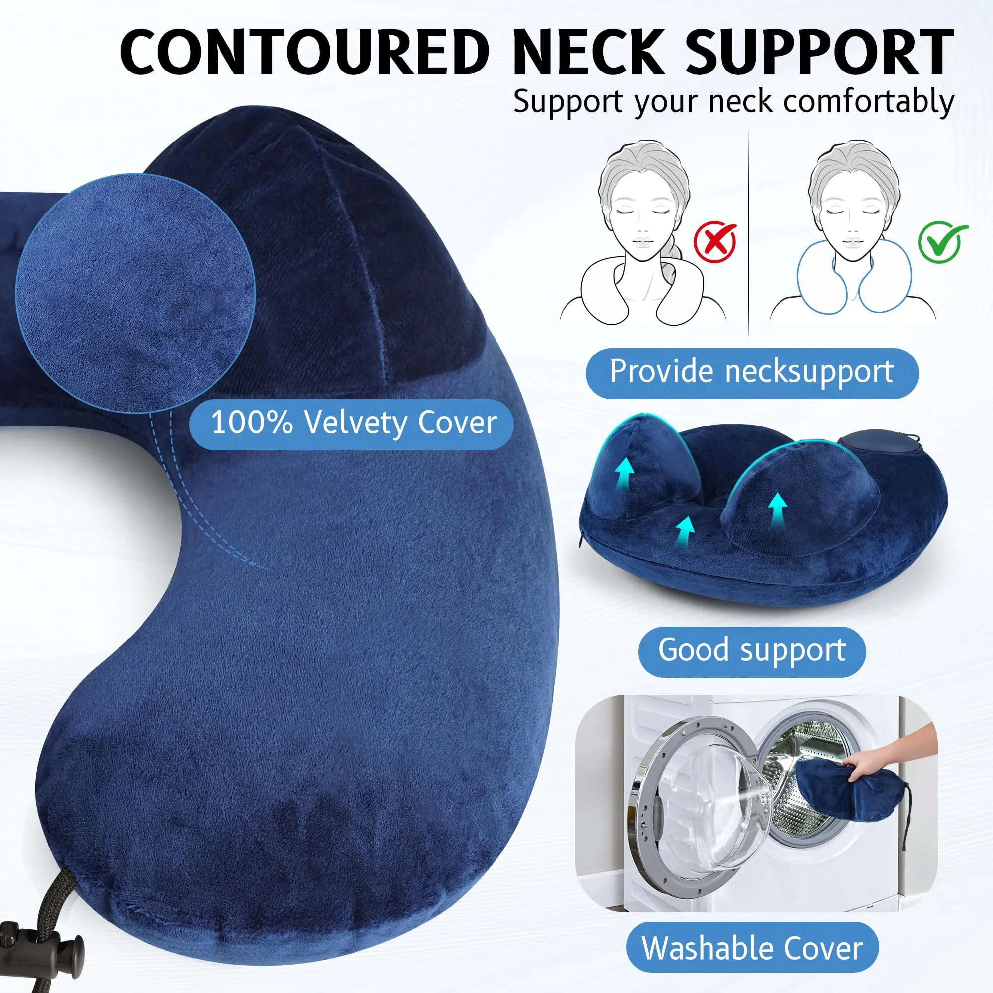 KUOGAS Cuscino da Viaggio Gonfiabile, Cuscino Aereo, Cuscino da Viaggio Regolabile e Portatile, Supporto Ergonomico Cuscino Cervicale, Viaggio Accessori utili con Maschera - immagine 2