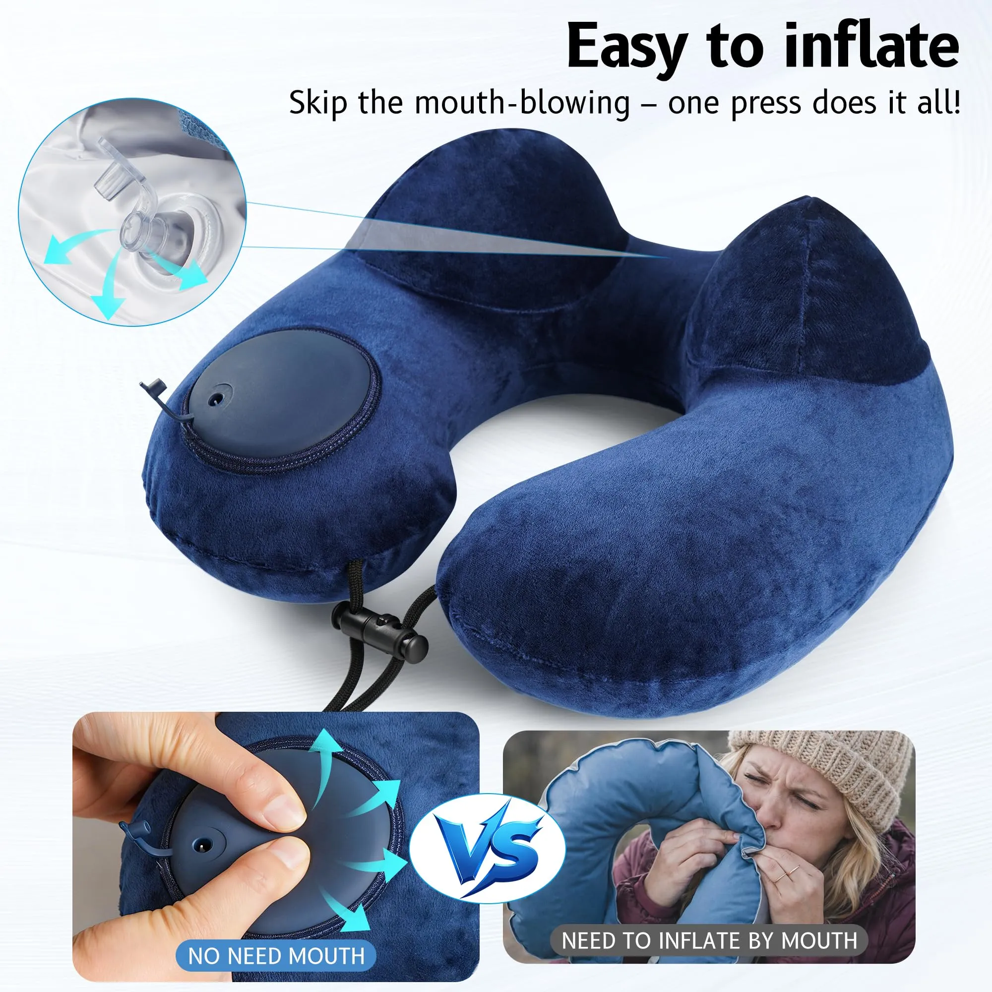 KUOGAS Cuscino da Viaggio Gonfiabile, Cuscino Aereo, Cuscino da Viaggio Regolabile e Portatile, Supporto Ergonomico Cuscino Cervicale, Viaggio Accessori utili con Maschera - immagine 5