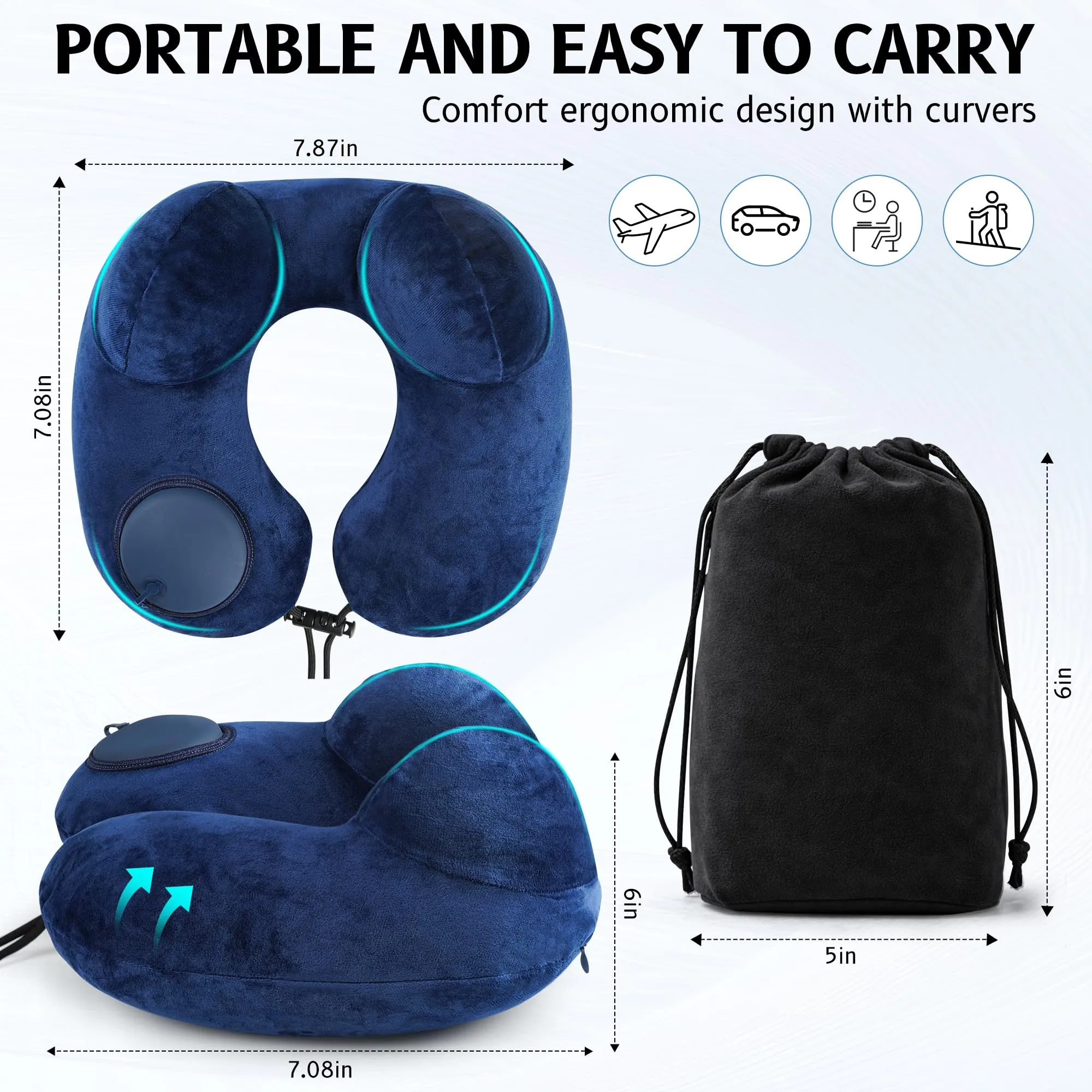 KUOGAS Cuscino da Viaggio Gonfiabile, Cuscino Aereo, Cuscino da Viaggio Regolabile e Portatile, Supporto Ergonomico Cuscino Cervicale, Viaggio Accessori utili con Maschera - immagine 6