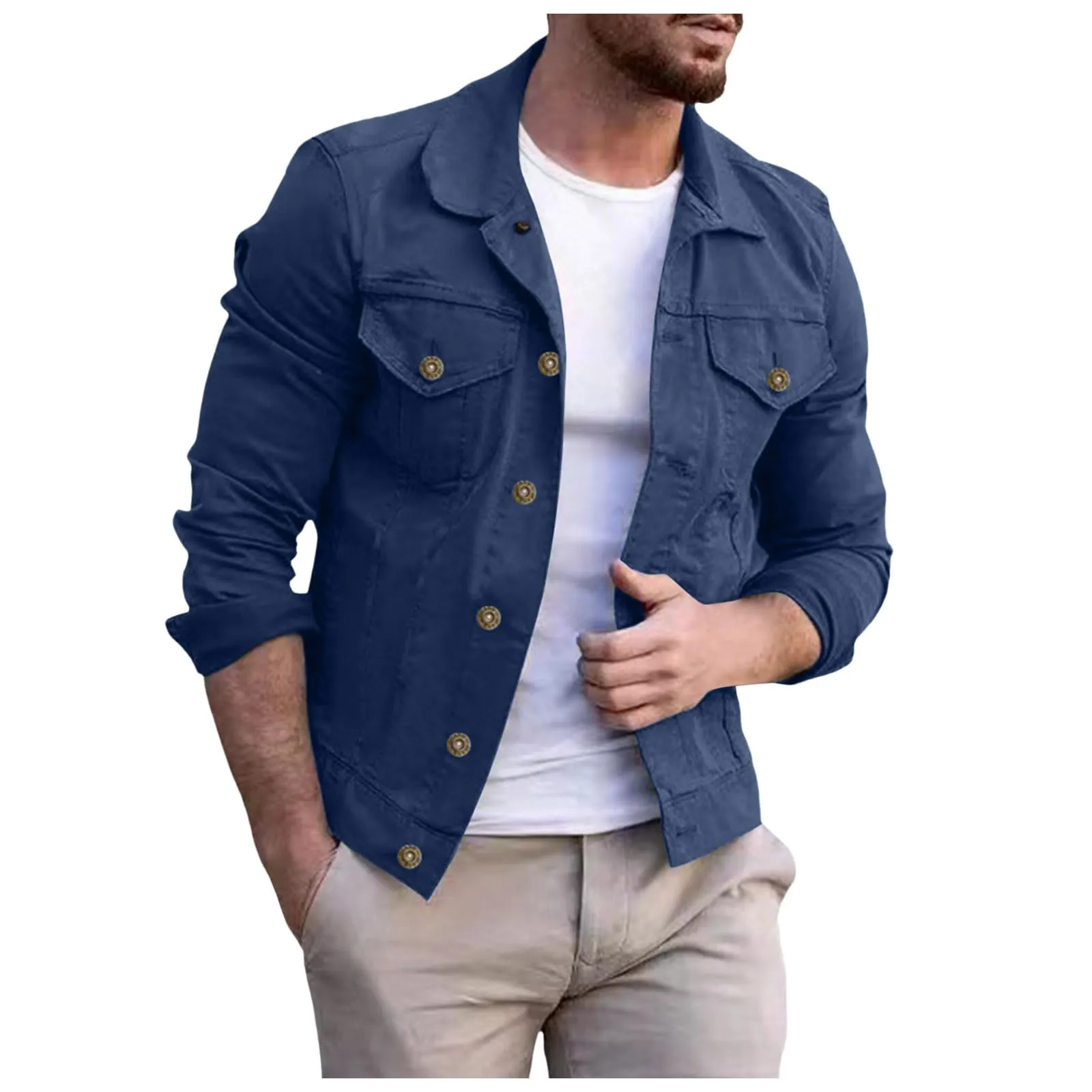 Duohropke Camicia da Uomo in Denim, a Maniche Lunghe, con Tasche, Stile Svasato, con Tasche, Camicia di Jeans, Camicia da Uomo, Vestibilità Normale, 01 blu navy, L - immagine 1