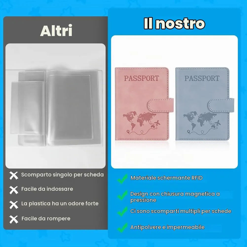 AOOTE Copertina per Passaporto, 2 Pezzi Porta Passaporto da Viaggio, Porta Passaporti Portatile con Blocco RFID, Donna e Uomo, per Carte di Credito, D'Identità e Documenti di Viaggio, Rosa, Blu - immagine 3