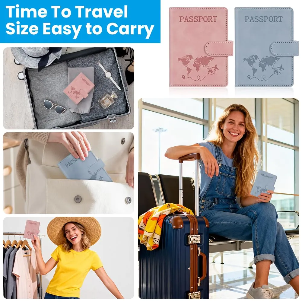 AOOTE Copertina per Passaporto, 2 Pezzi Porta Passaporto da Viaggio, Porta Passaporti Portatile con Blocco RFID, Donna e Uomo, per Carte di Credito, D'Identità e Documenti di Viaggio, Rosa, Blu - immagine 6