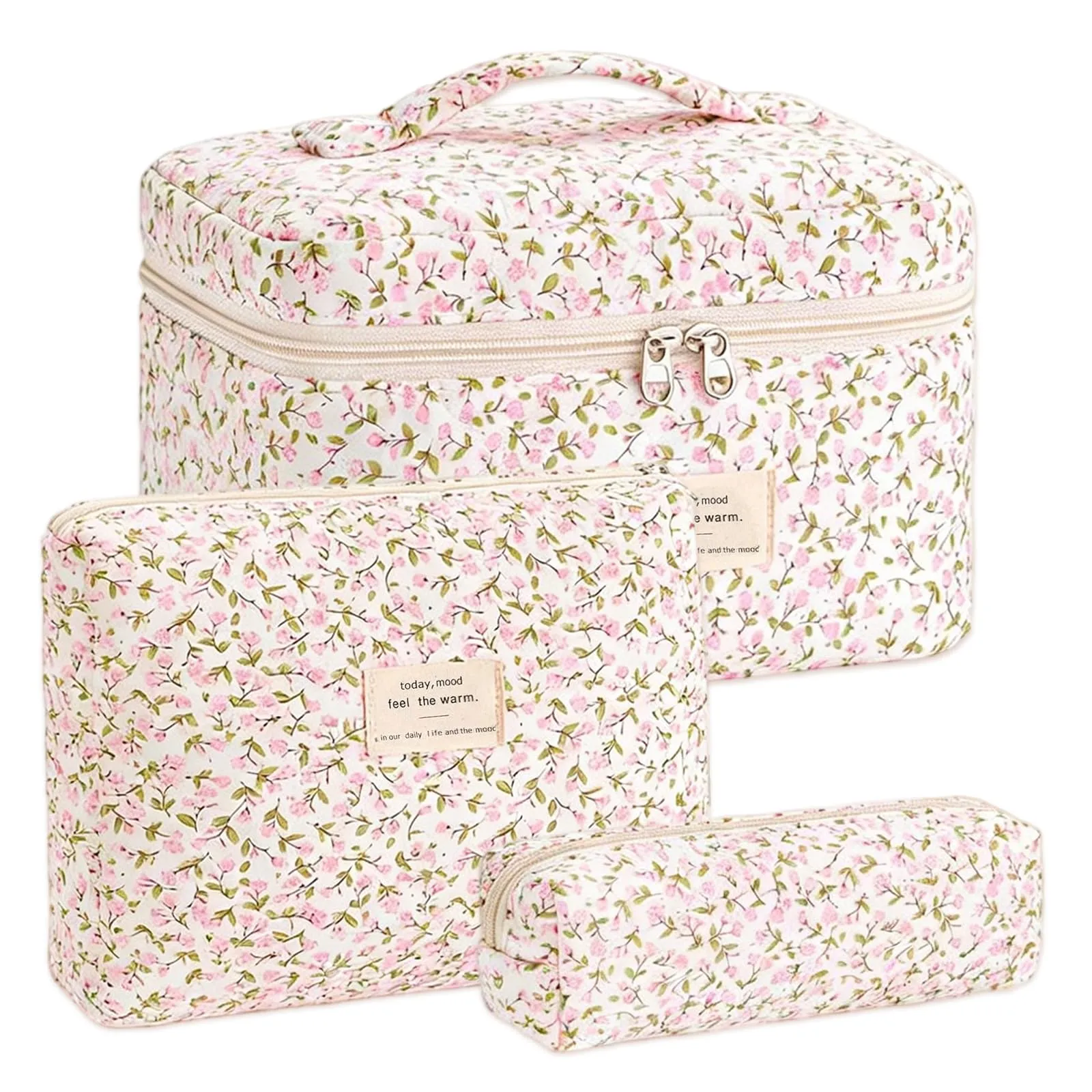 LIULINY 3 Pezzi Borsa Trucco Floreale, Borsa da Viaggio per Il Trucco da Donna, Beauty Case da Viaggio da Floreale, Beauty Case Morbido Makeup Bag, Makeup Bag Organizer, per Viaggi Outdoor (Rosa) - immagine 1