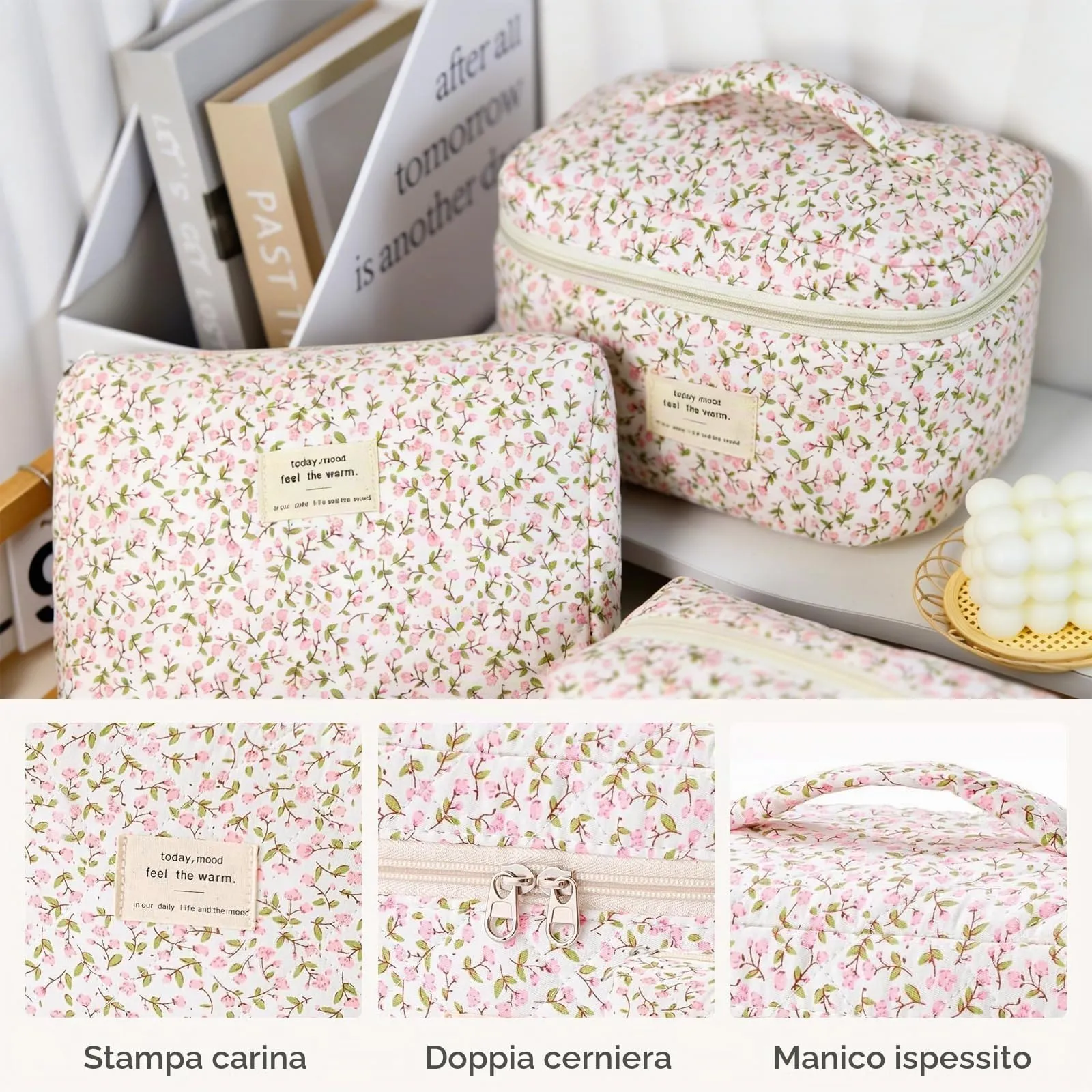 LIULINY 3 Pezzi Borsa Trucco Floreale, Borsa da Viaggio per Il Trucco da Donna, Beauty Case da Viaggio da Floreale, Beauty Case Morbido Makeup Bag, Makeup Bag Organizer, per Viaggi Outdoor (Rosa) - immagine 4