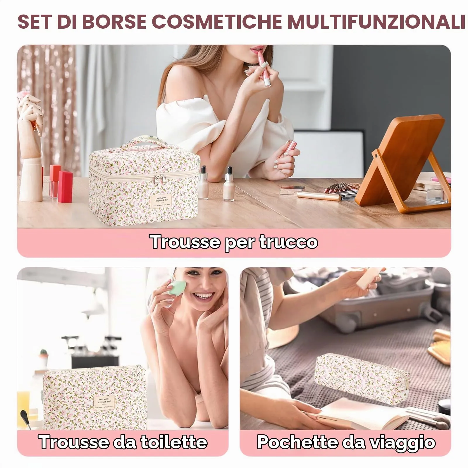 LIULINY 3 Pezzi Borsa Trucco Floreale, Borsa da Viaggio per Il Trucco da Donna, Beauty Case da Viaggio da Floreale, Beauty Case Morbido Makeup Bag, Makeup Bag Organizer, per Viaggi Outdoor (Rosa) - immagine 5
