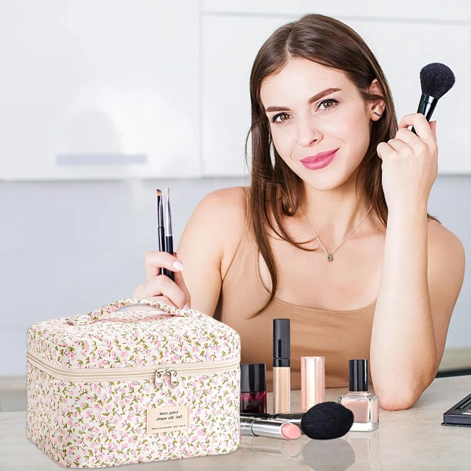 LIULINY 3 Pezzi Borsa Trucco Floreale, Borsa da Viaggio per Il Trucco da Donna, Beauty Case da Viaggio da Floreale, Beauty Case Morbido Makeup Bag, Makeup Bag Organizer, per Viaggi Outdoor (Rosa) - immagine 7