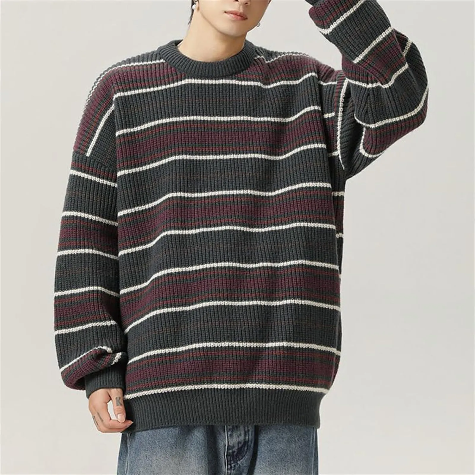 Mymyguoe - Maglione norvegese da uomo, in lana a righe, in pura merino, in jacquard, con motivo a cavalli, slim fit, invernale, caldo, maglione natalizio, sweatshirt, L - immagine 2