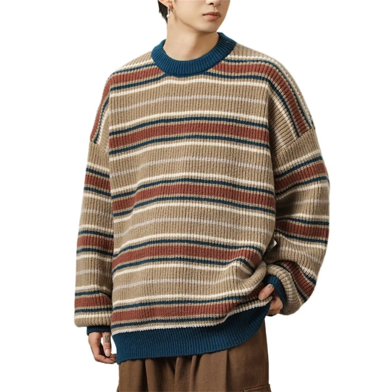Mymyguoe Maglione norvegese da uomo in lana a righe fine merino, lavorato a maglia jacquard, motivo cavallo, slim fit, invernale, caldo maglione natalizio, Q5 kaki, XL - immagine 5